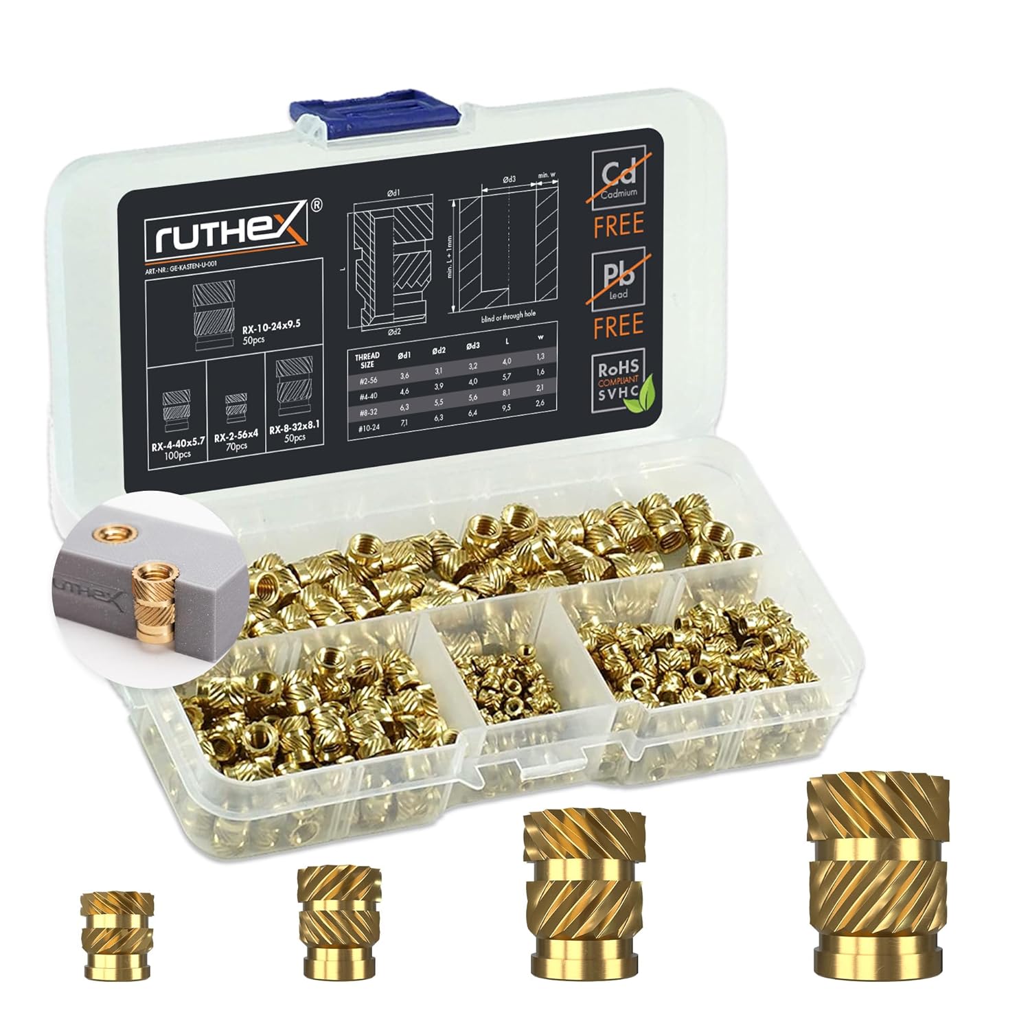 ruthex Insertos roscados #2-56 + #4-40 + #8-32 + #10-24 caja surtida – 70 + 100 + 50 + 50 piezas – Inserto de latón para plástico – tuercas