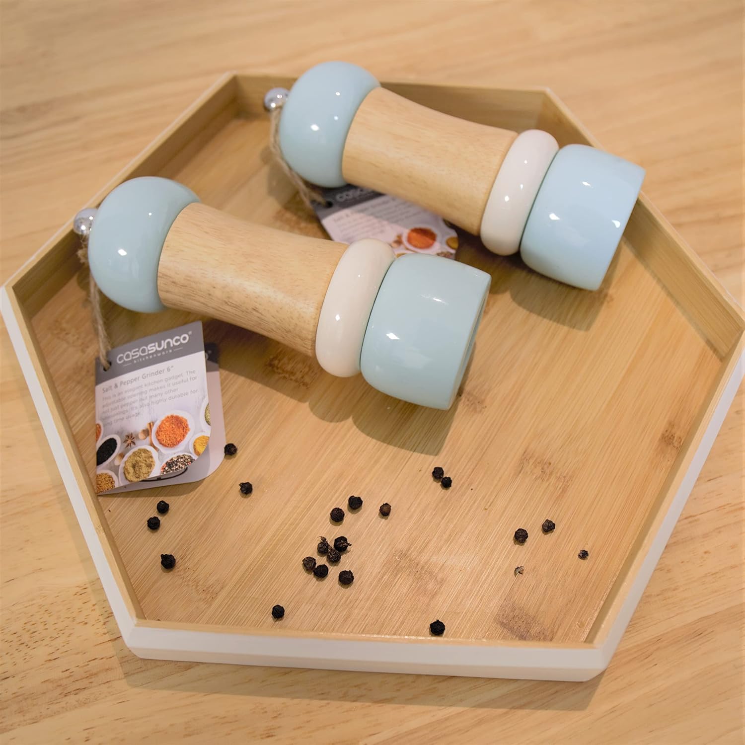 CASASUNCO Juego clásico de molino de sal y pimienta de madera, salero y pimienta, elegante molinillo de pimienta, rotador de cerámica, recargable,