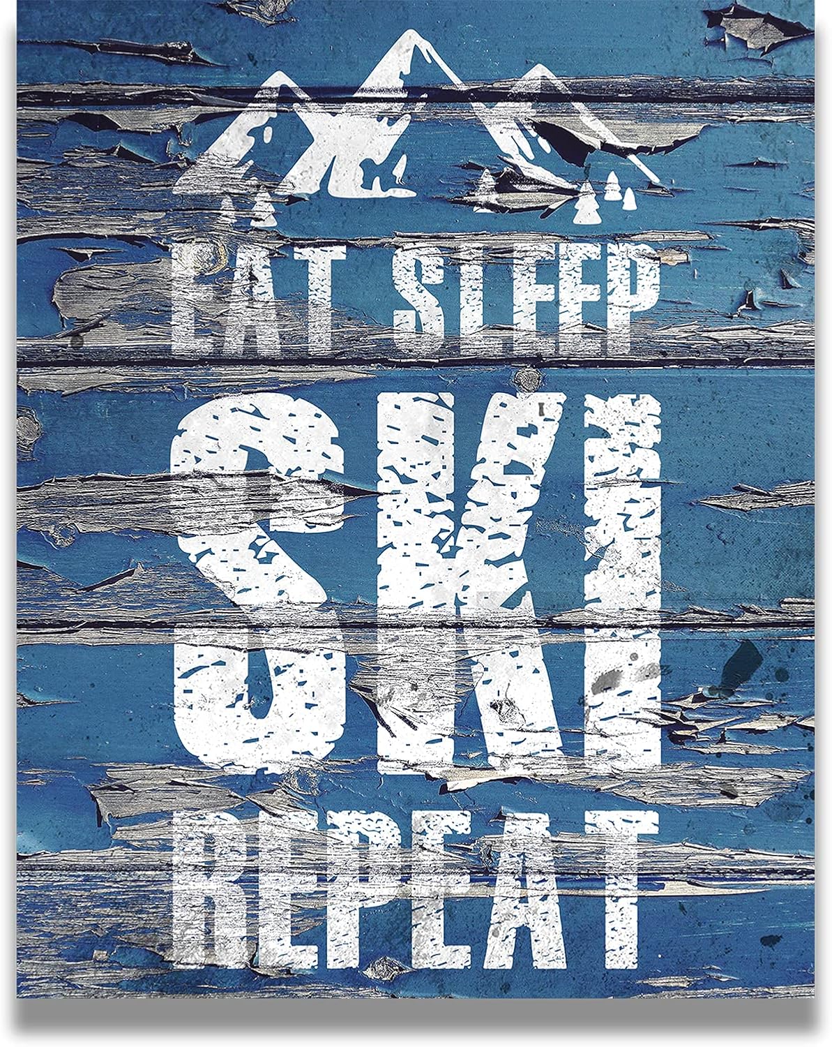 Eat Sleep Ski Repeat – Decoración de pared motivacional de esquí con un fondo azul – ilustraciones sin marco impresas en papel fotográfico