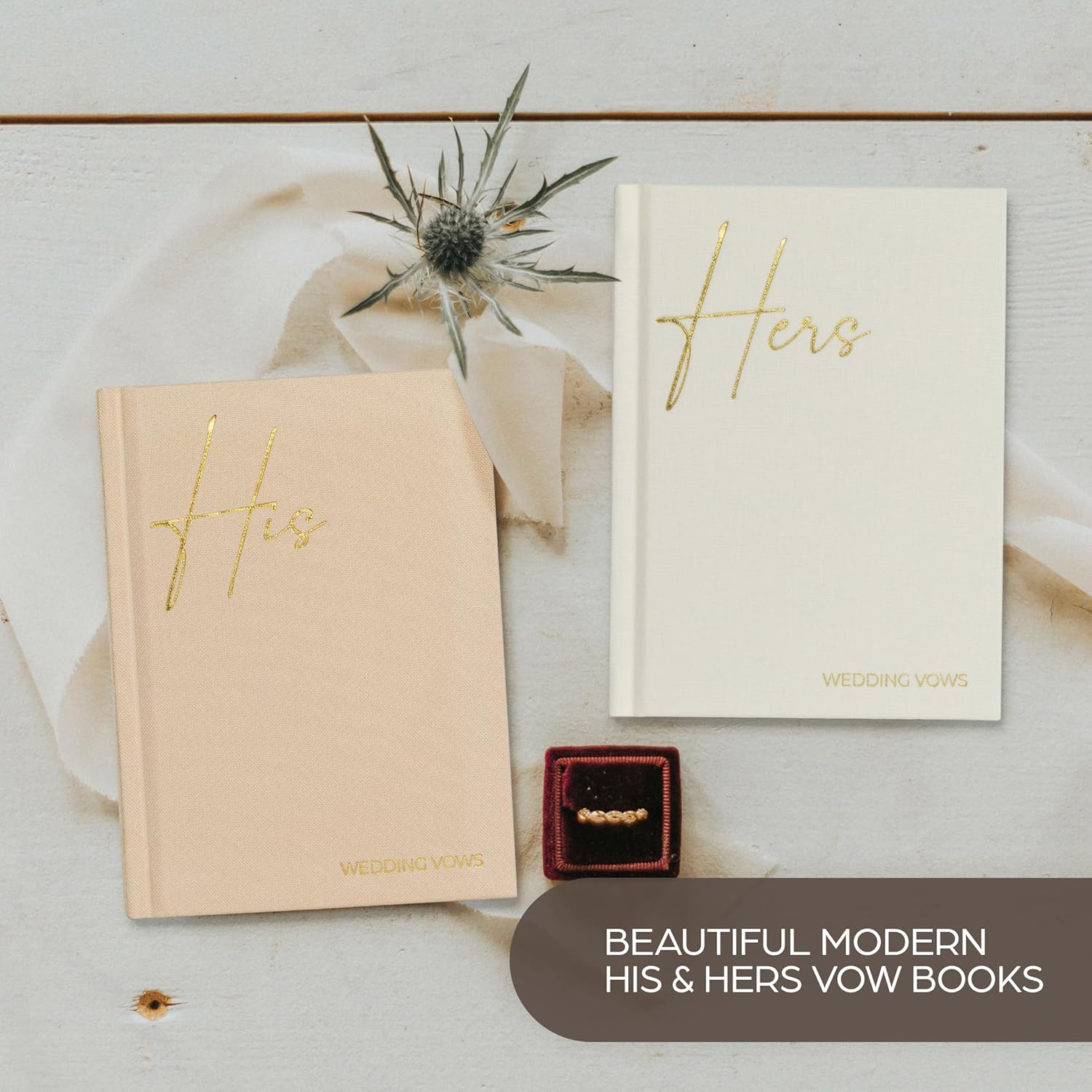 Elegantes libros de votos de boda de lino con letras de lámina dorada, libros de juramentos de tamaño perfecto para él y para ella con muchas