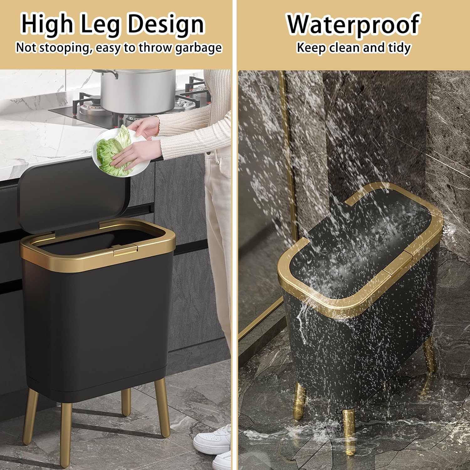 URALFA Basurero de cocina con tapa, bote de basura delgado negro con borde dorado, moderno cubo de basura de plástico para dormitorio, sala de