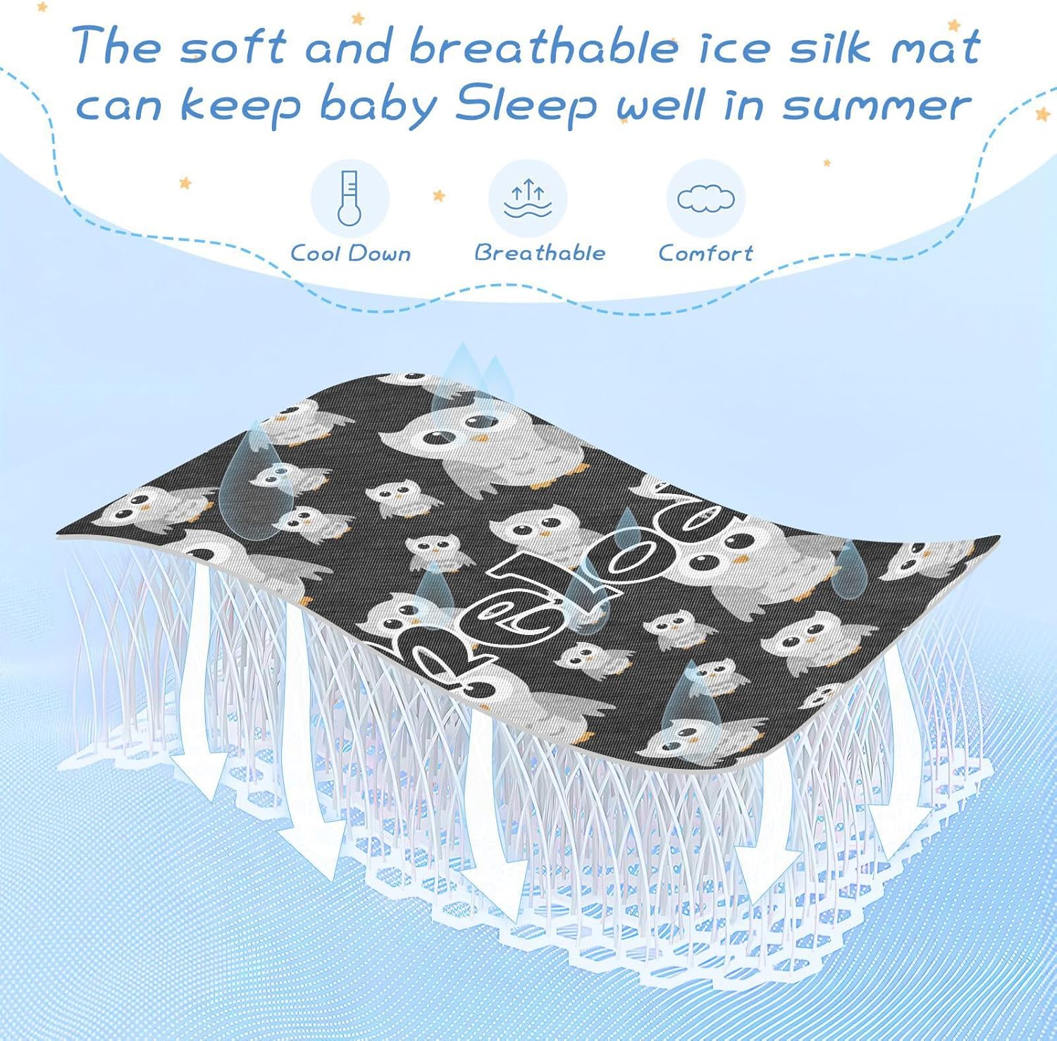 Custom Gray Owls Black Crib Mattress Protector Pad for Boys Girls Baby Ice Silk Mat Bed Pack and Play Sheets Cooling Mattress Topper for Toddler