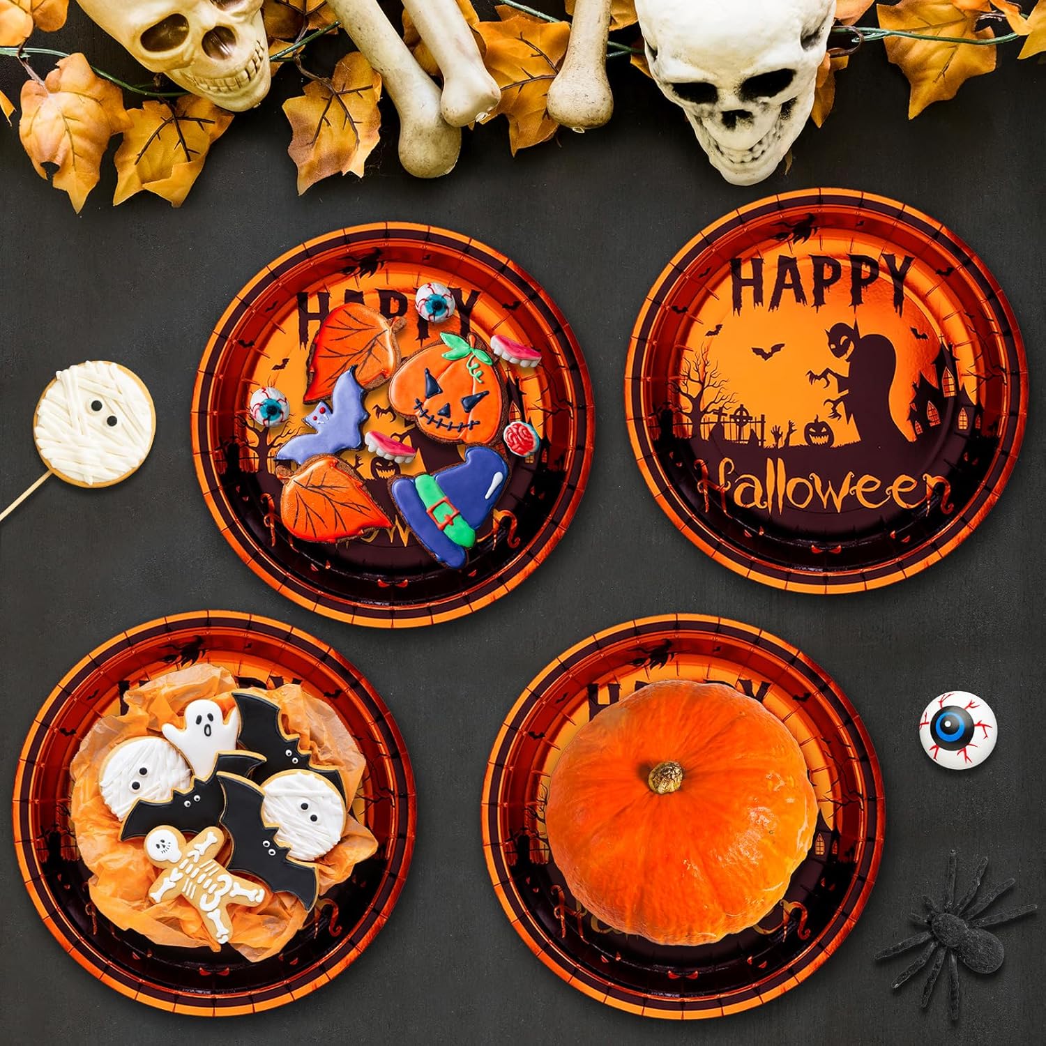 BFUN Platos desechables de fiesta de Halloween, 50 unidades, platos de papel de 9 pulgadas con casa encantada de lámina dorada, fantasmas,