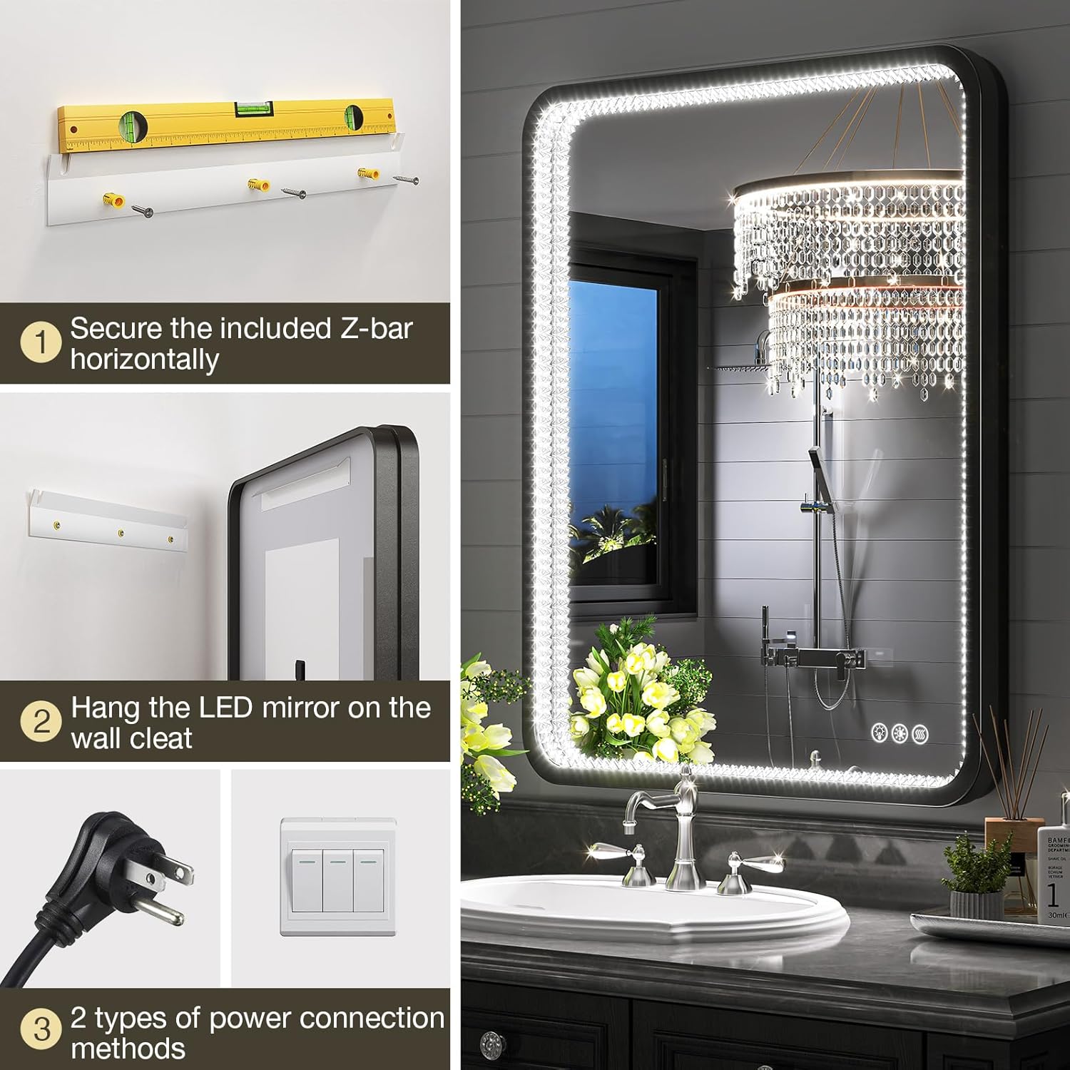 Brightify Espejo de baño LED de cristal con luces, 28 x 36 pulgadas, espejo de tocador rectangular con marco de metal de doble capa, antiniebla, 3