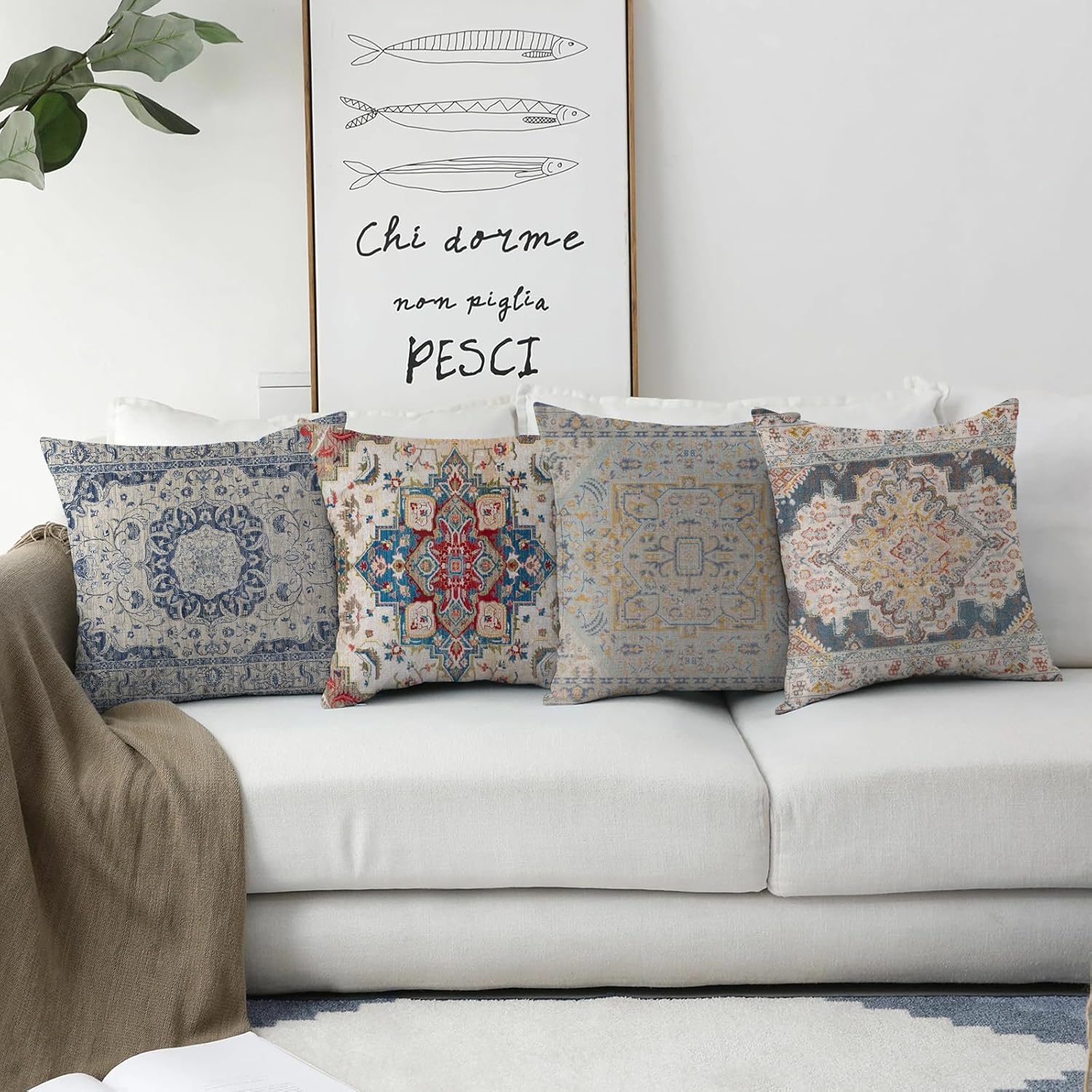 Juego de 2 fundas de almohada bohemias de 18 x 18 pulgadas, diseño étnico de lino, alfombra persa, patrón tribal, fundas decorativas para sala de