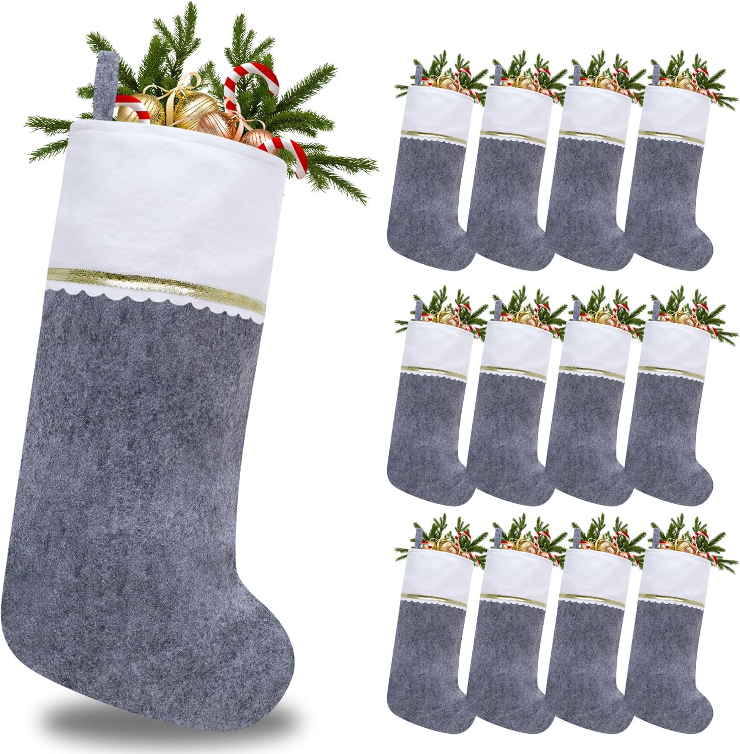 Paquete de 12 medias de Navidad de fieltro gris y blanco, puño blanco de 19 pulgadas con ribete dorado, medias de Navidad para decoración de Navidad