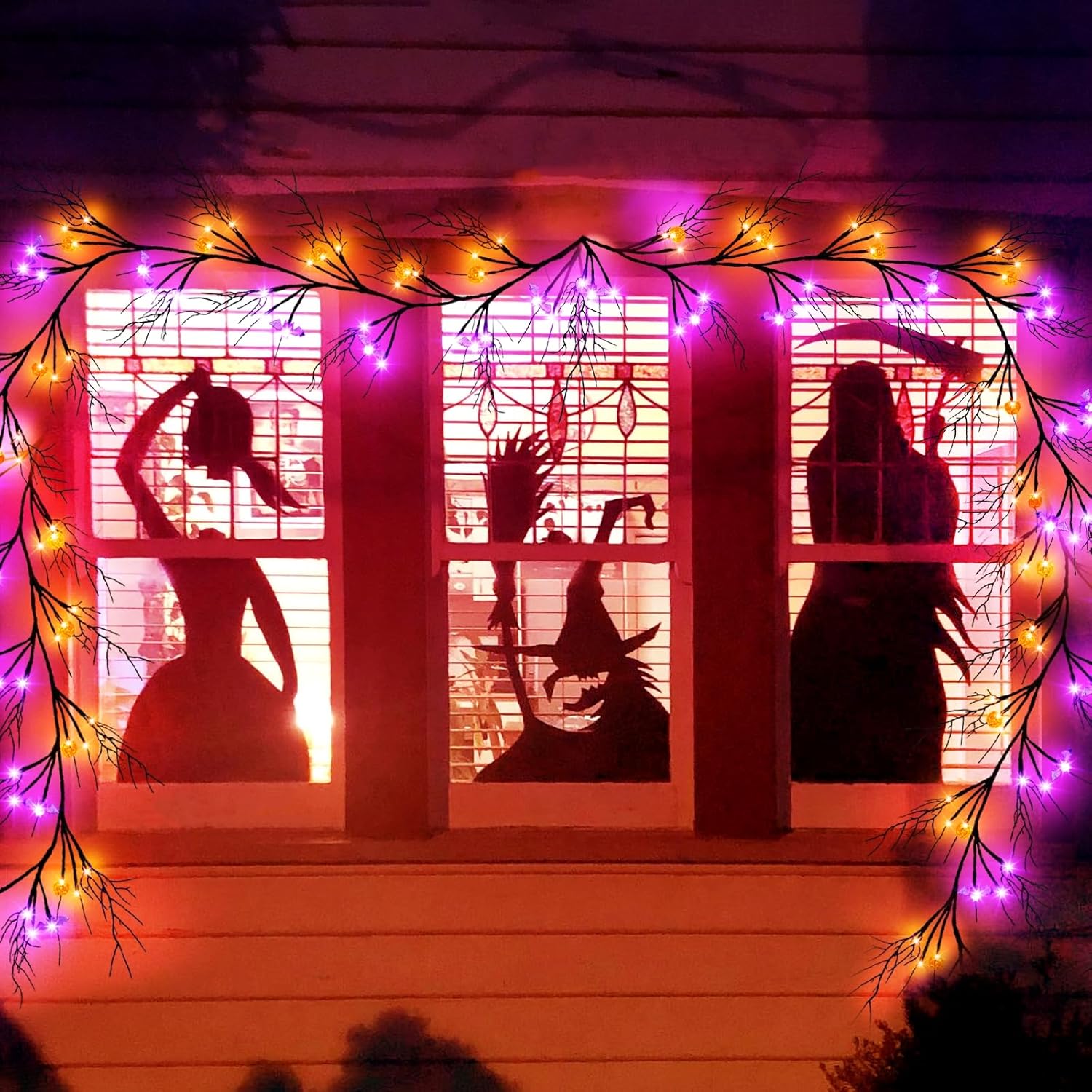 Guirnalda de decoración de ramitas de sauce de Halloween de 6 pies con 57 luces LED con temporizador, 9 calabazas y 7 murciélagos, impermeable,