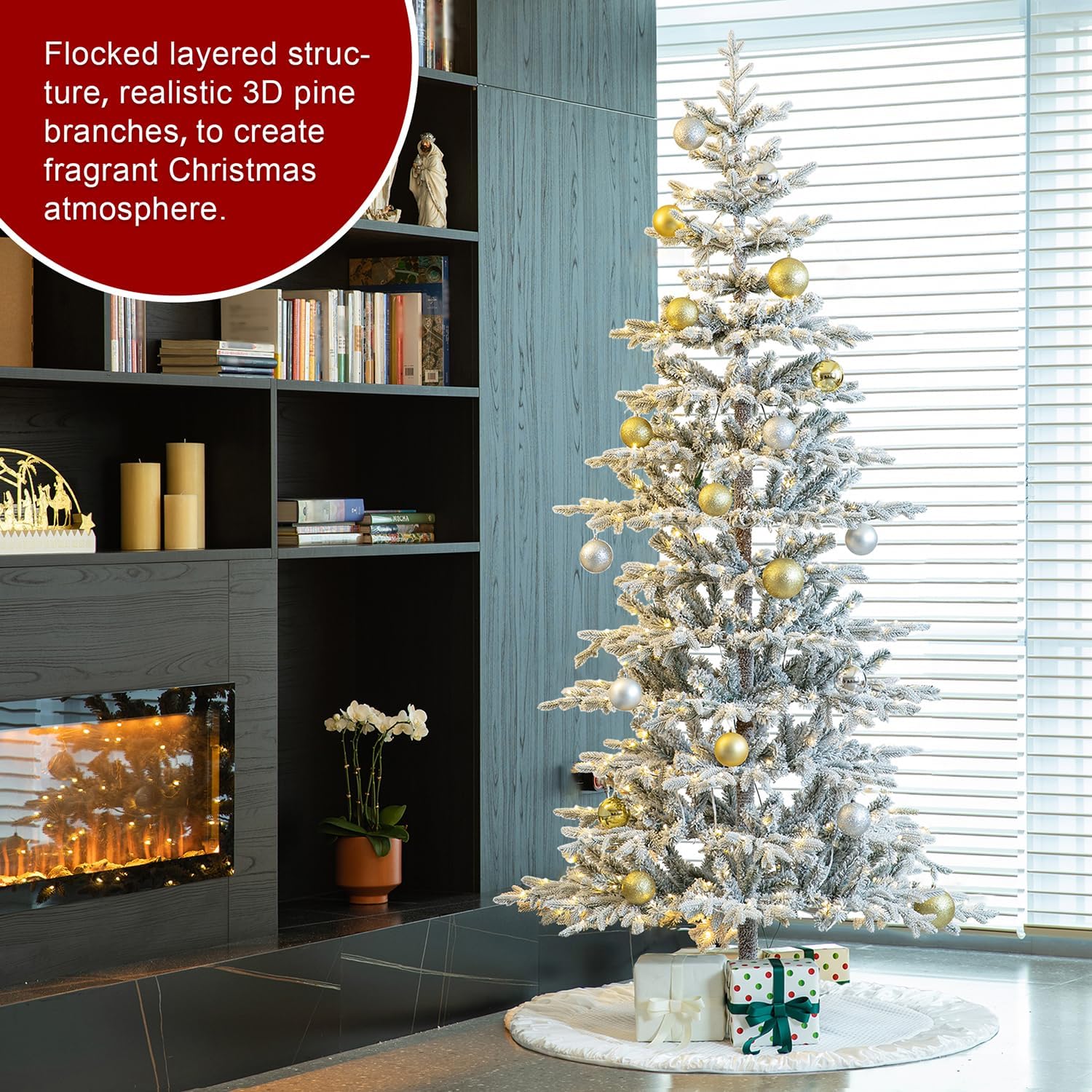 glitzhome Árbol de Navidad artificial de abeto flocado de lujo de 8 pies, árbol de Navidad con bisagras con 450 luces blancas cálidas, tres