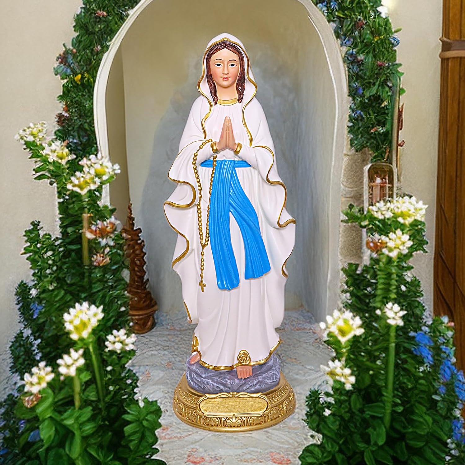 SAINWORDS Estatua de la Virgen María de la Santísima Señora de Lourdes Rosario Escultura Católica Cristiana Religiosa Estatua Jardín al Aire Libre