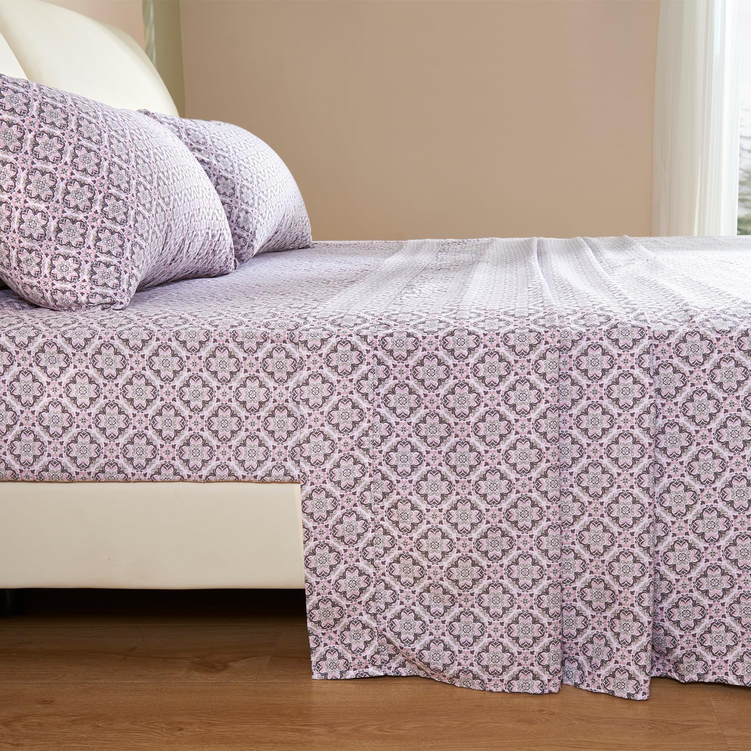 KACEMOO Juego de sábanas de 3 piezas con estampado beige bohemio, sábanas de microfibra de bolsillo profundo, lujosas, suaves, transpirables,