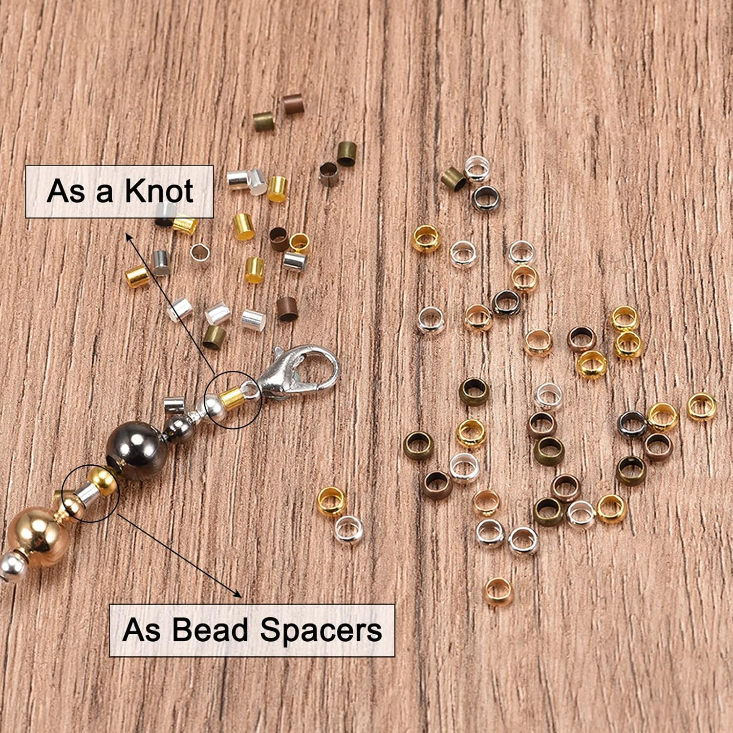 uxcell 1000 cuentas redondas de crimpado, cuentas espaciadoras de extremo de crimpado de 0.079in para hacer pulseras, joyas, oro rosa
