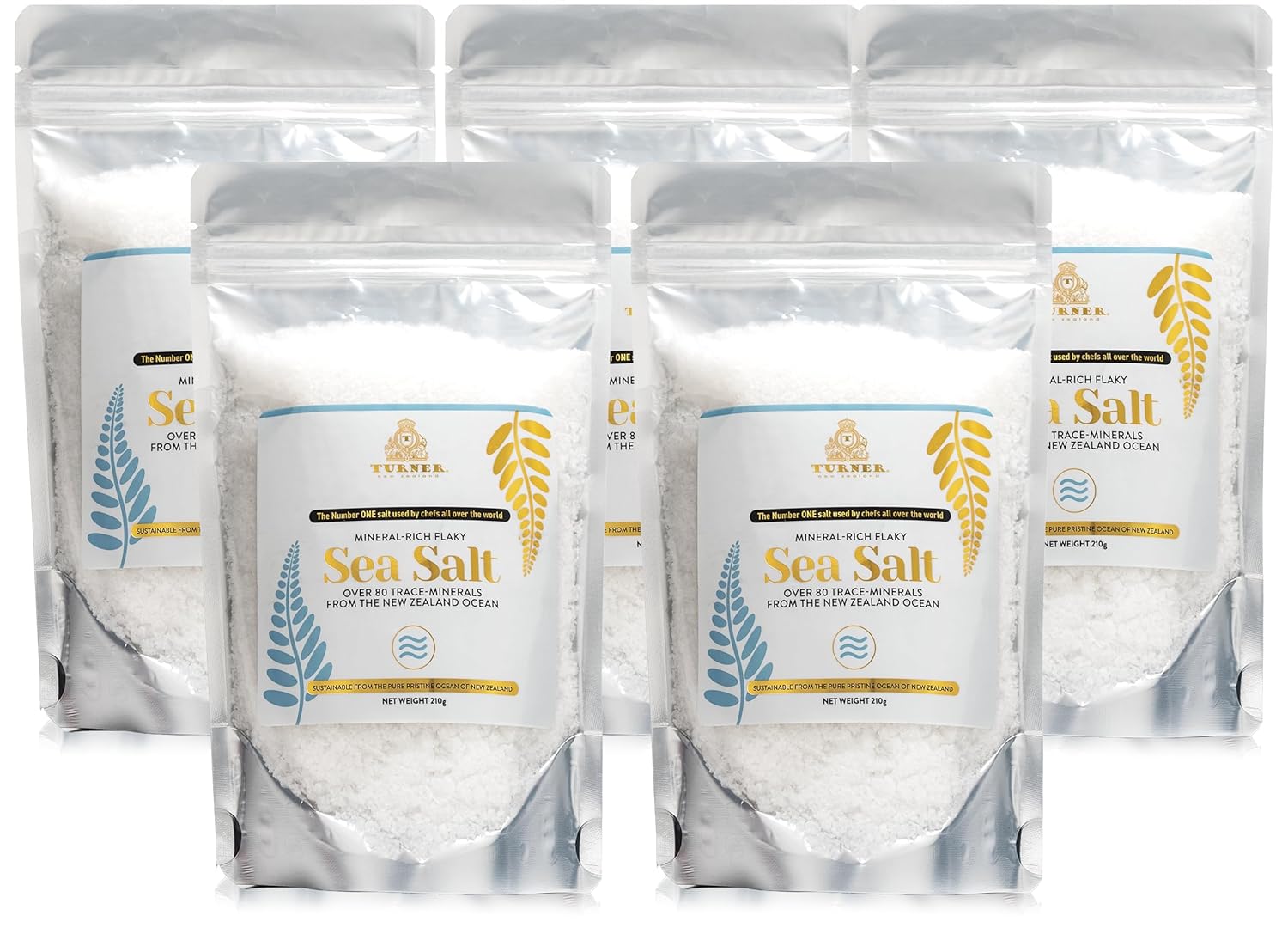 TURNER Sal marina escamosa rica en minerales, fabricada en Nueva Zelanda, copos Kosher, 37.04oz, gourmet de alta calidad, sin procesar, 84 minerales