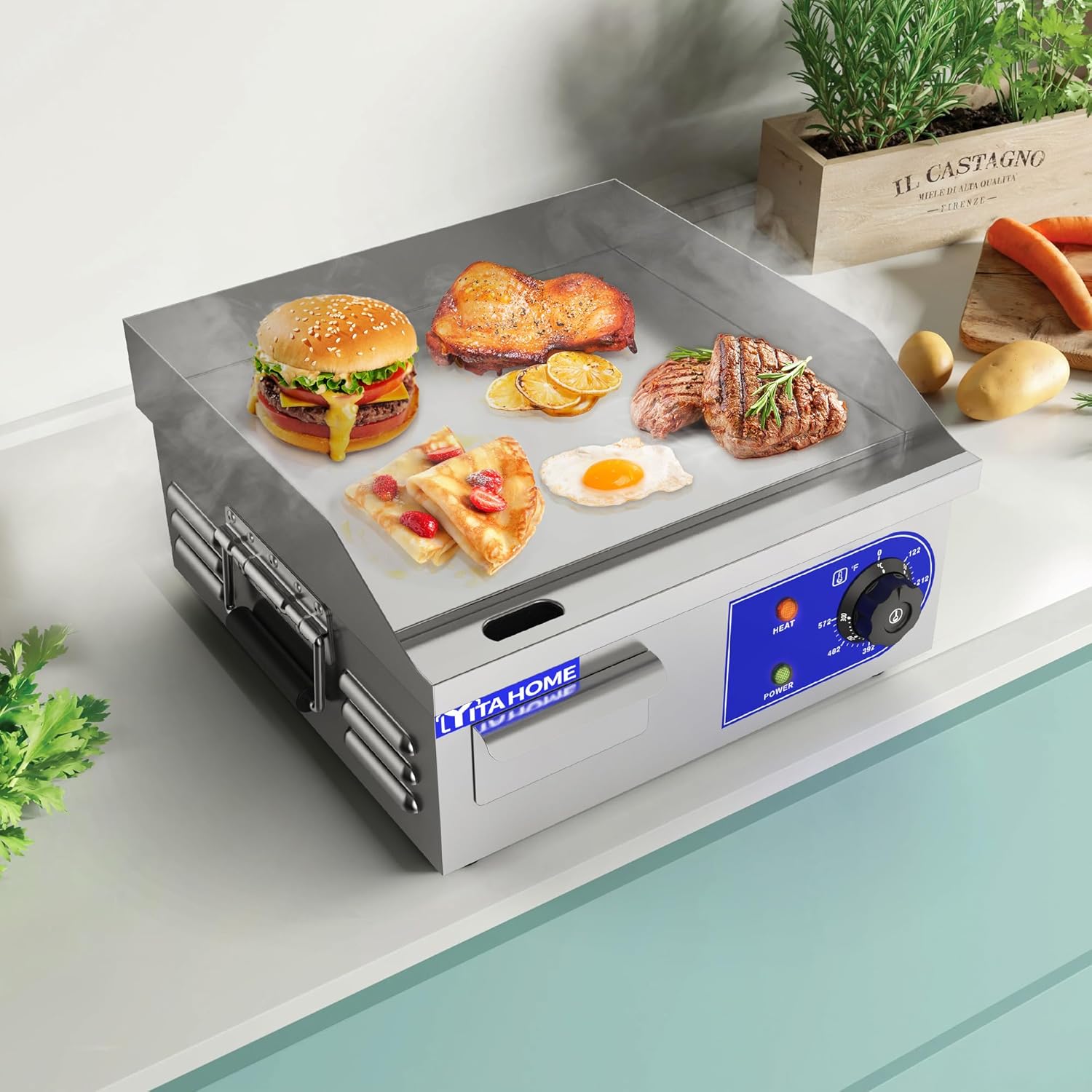 YITAHOME Plancha eléctrica comercial de 14 pulgadas con mango de resorte, plancha comercial de 1500 W, parrilla Teppanyaki comercial antiadherente