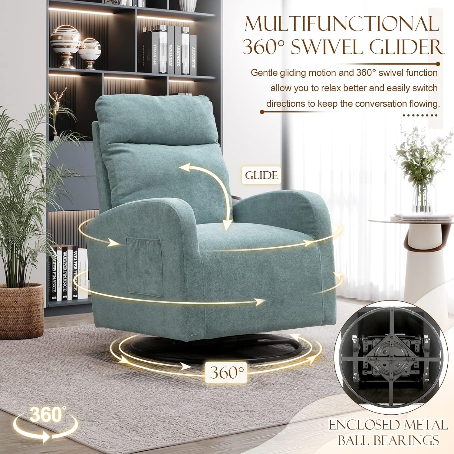 KINFFICT Silla giratoria moderna, mecedora tapizada para el cuarto del bebé, cómoda silla mecedora con respaldo alto con bolsillo lateral y