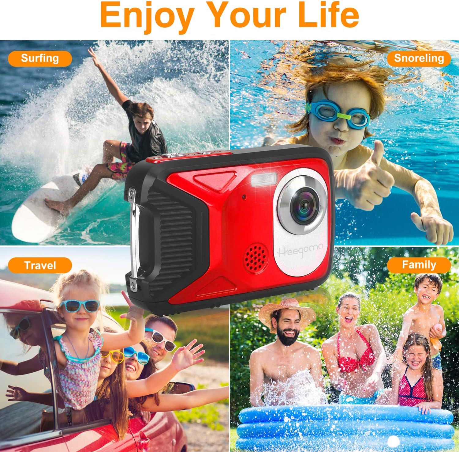 Cámara digital impermeable, cámara subacuática de 17 pies, LCD de 2.8 pulgadas, HD1080P 30MP videocámara para niños con tarjeta de 32G y batería