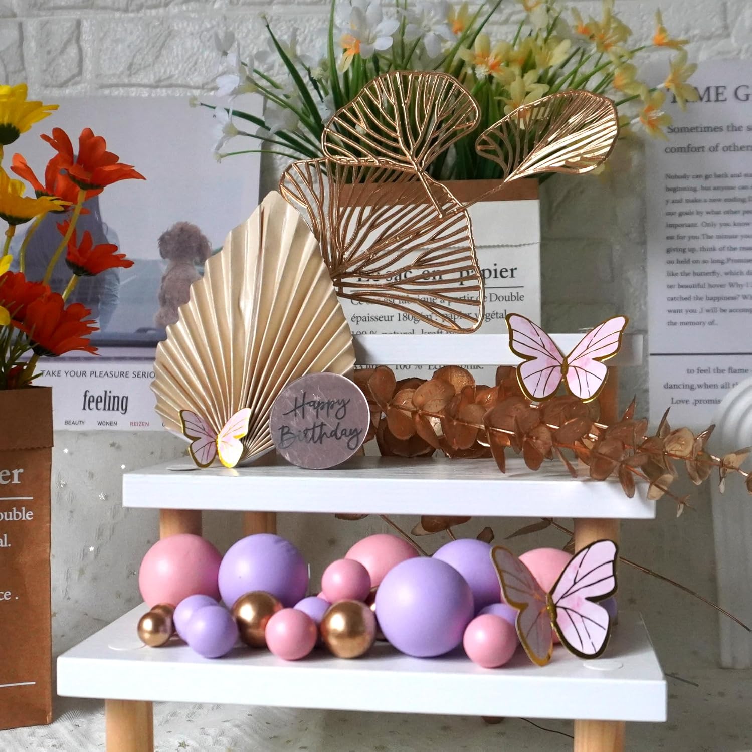 Decoración bohemia para pastel de feliz cumpleaños, con bolas, mariposas, eucalipto, para bodas, baby shower, niños y niñas, suministros de fiesta