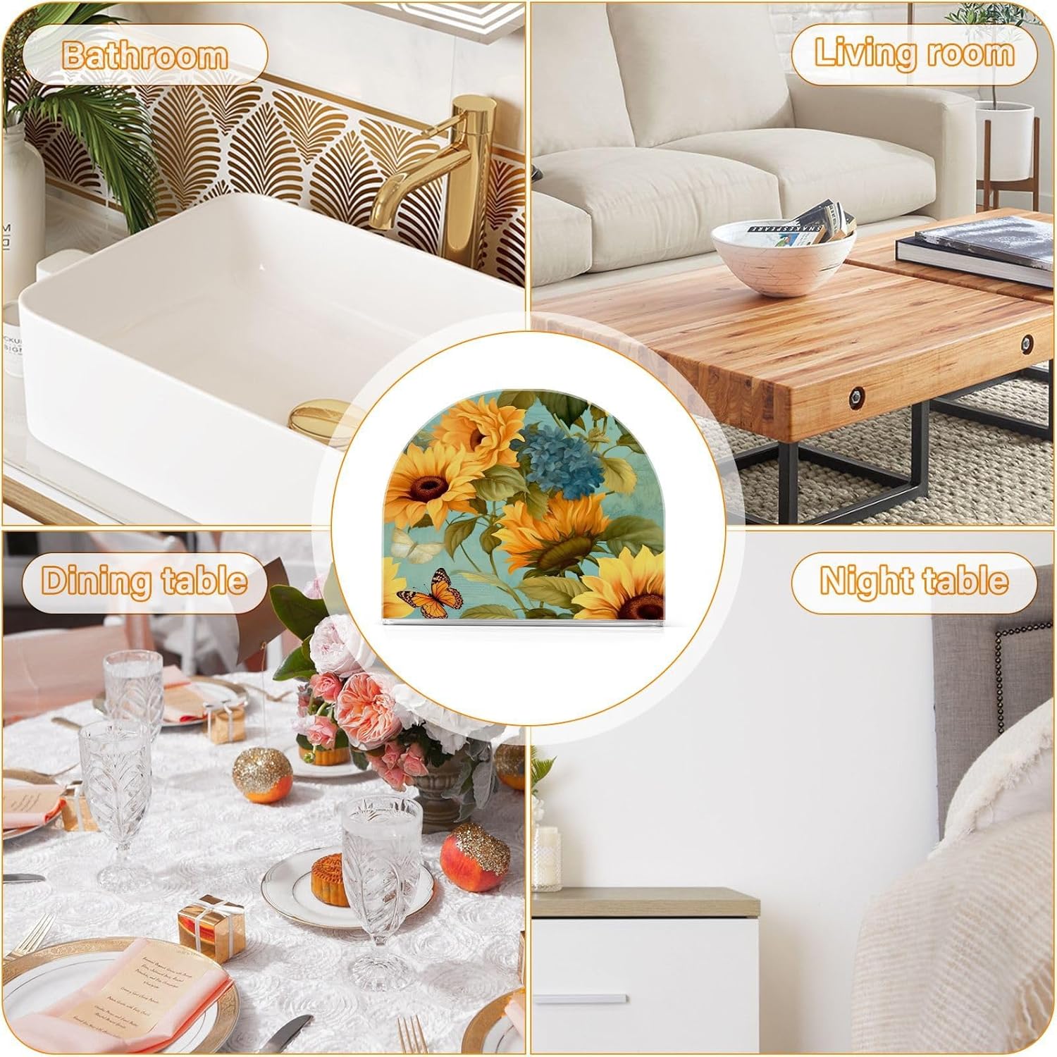 Sunflower and Butterfly Acrylic Napkin Holder Clear Crystal Tissue Paper Dispenser for Table, Kitchen Countertop, Restaurant, Decor