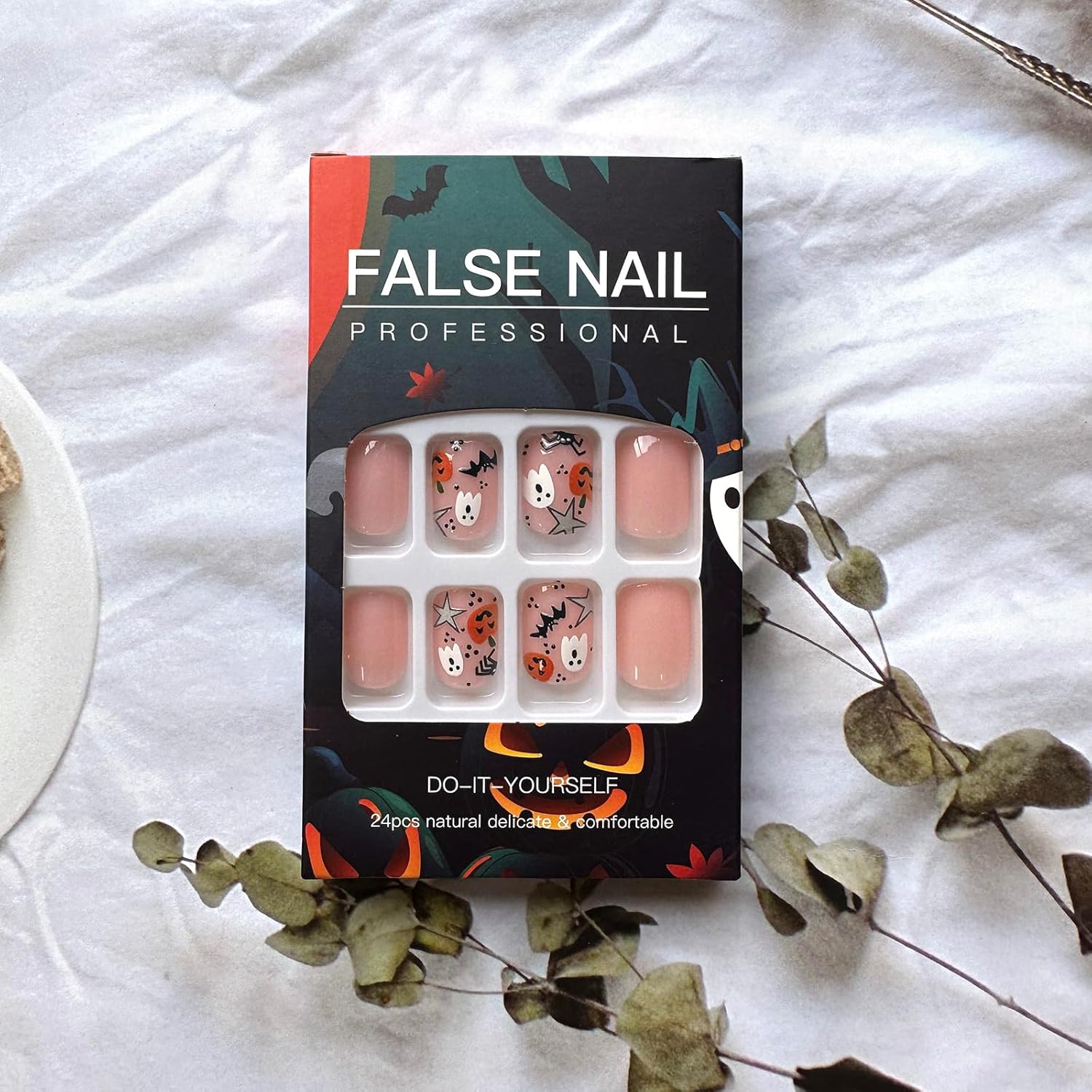 24 uñas postizas cortas a presión para Halloween, uñas postizas cuadradas de cobertura completa, uñas postizas rosas con lindos diseños de fantasma,