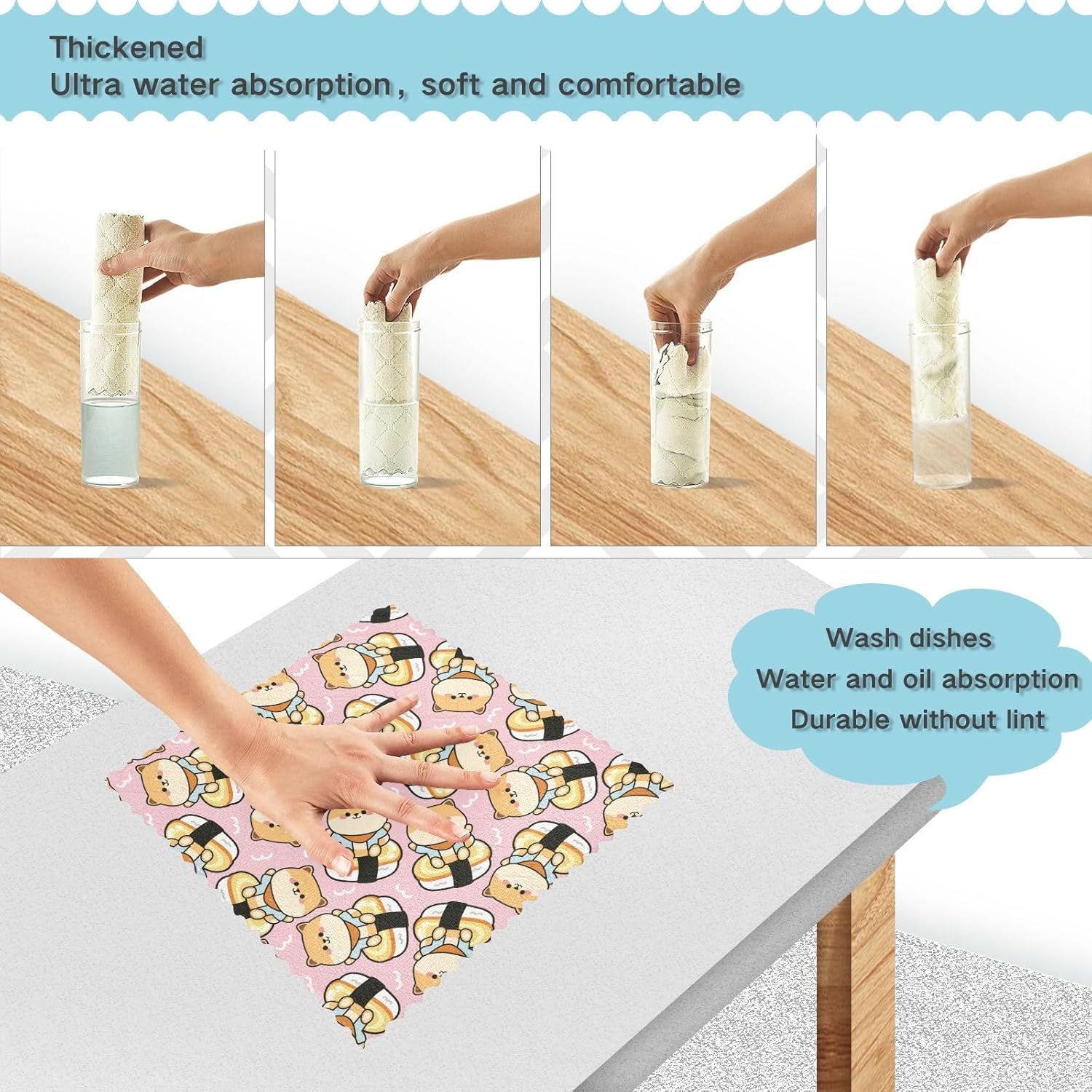 linqin Shiba Inu – Toallas de cocina de algodón con estampado de sushi de microfibra, absorbentes, paquete de 6 toallas de cocina reutilizables para