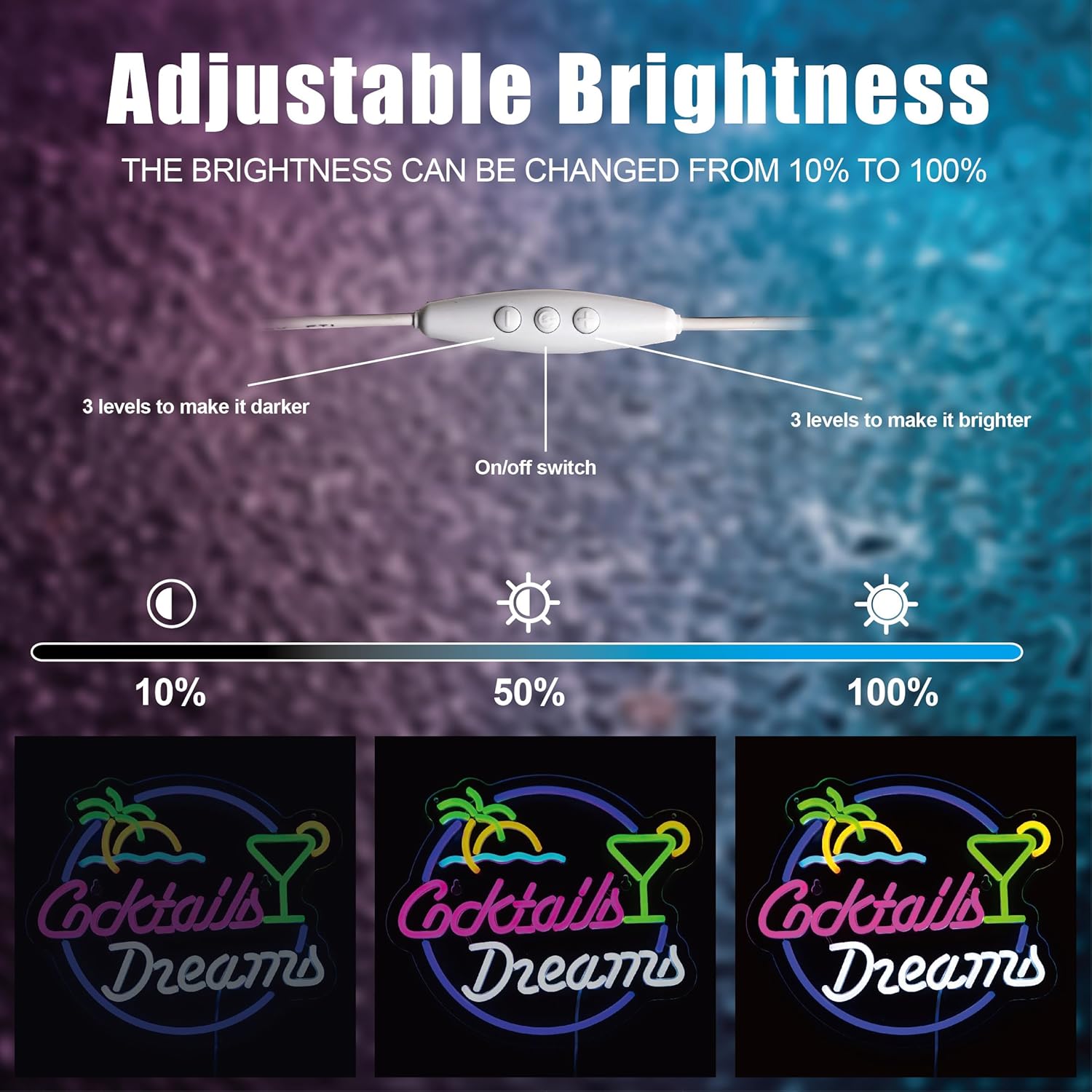 Letrero de neón con diseño de palmera de cocteles y sueños para decoración de pared, con interruptor regulable, letreros de neón LED para