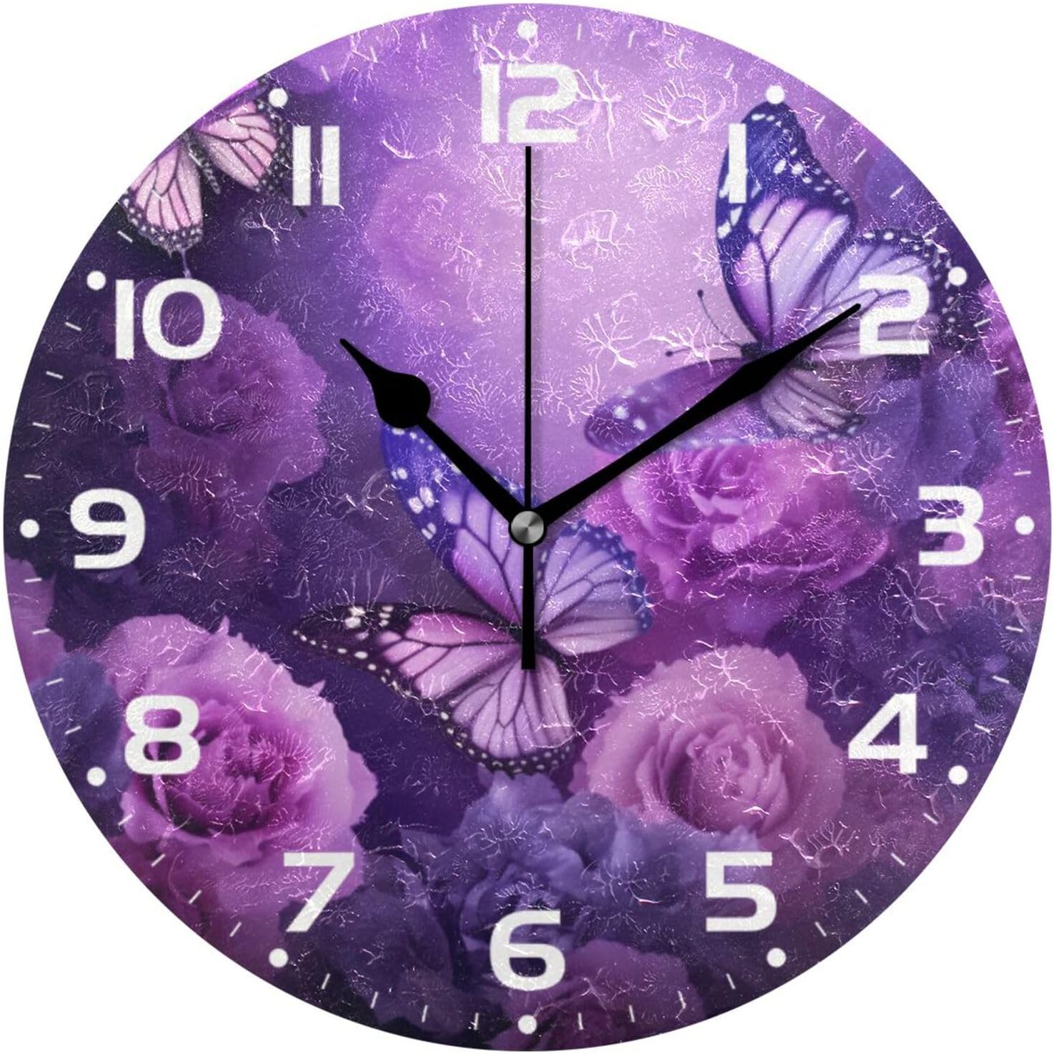 Reloj de pared de mariposa morado, silencioso sin tictac, funciona con pilas, reloj redondo decorativo creativo para cocina, sala de estar, baño,