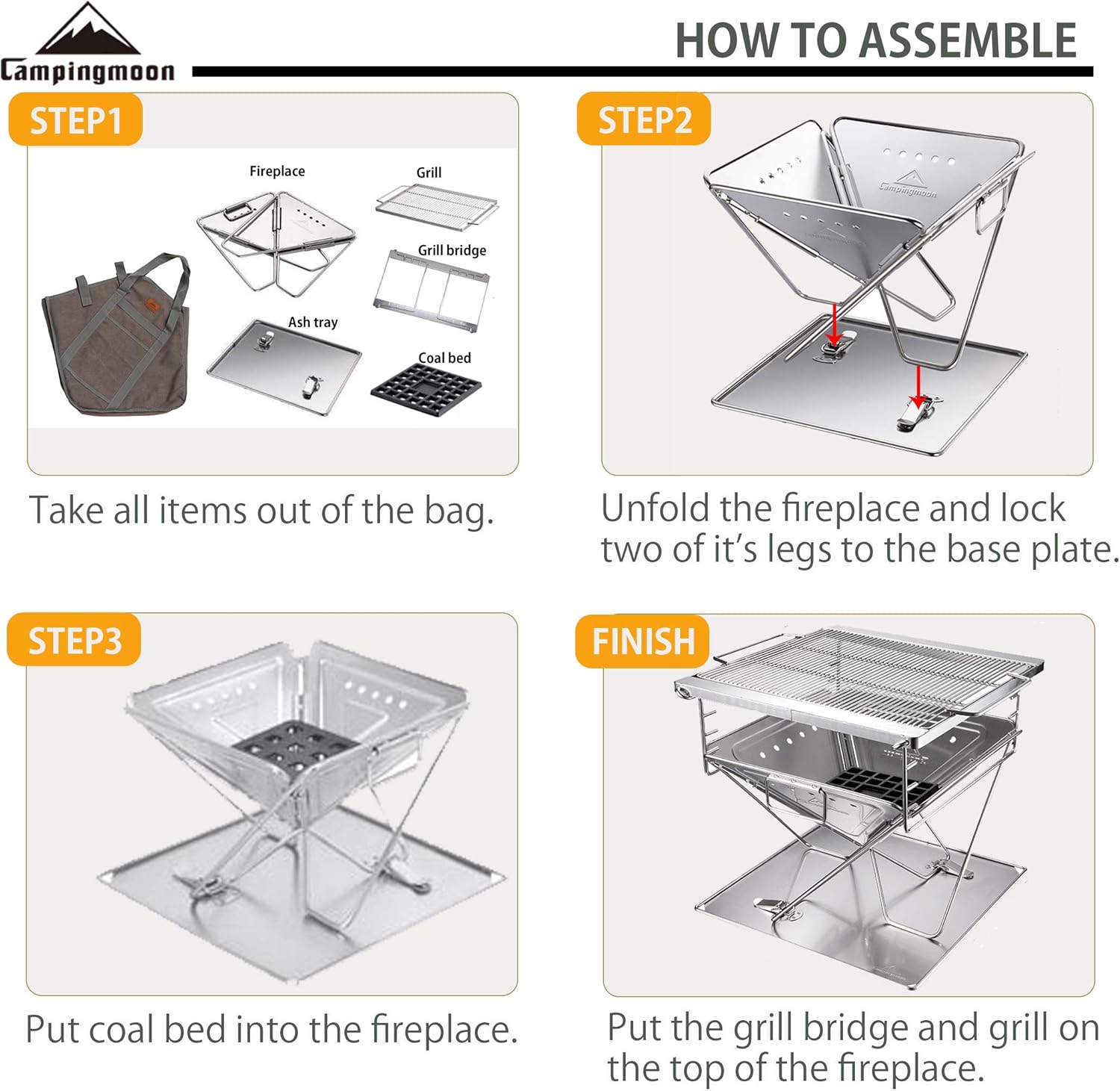 CAMPINGMOON – Parrilla de leña portátil 3 en 1 de acero inoxidable y hoguera de 14 x 15.35 pulgadas con bolsa de transporte MT-035