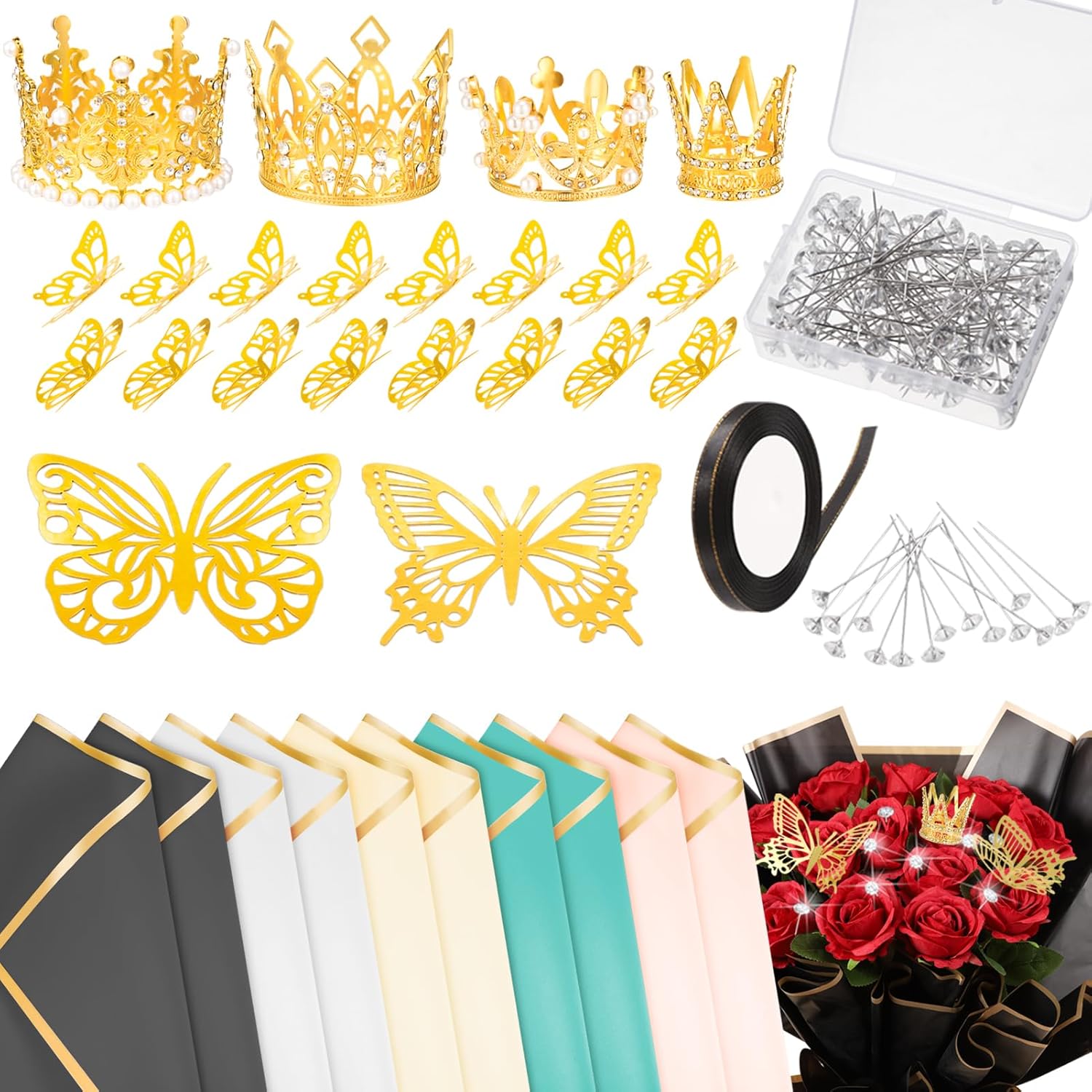 163 piezas de accesorios para ramo de flores, incluye papel de regalo de flores, cabeza de diamante, alfileres rectos, mini corona, decoración de