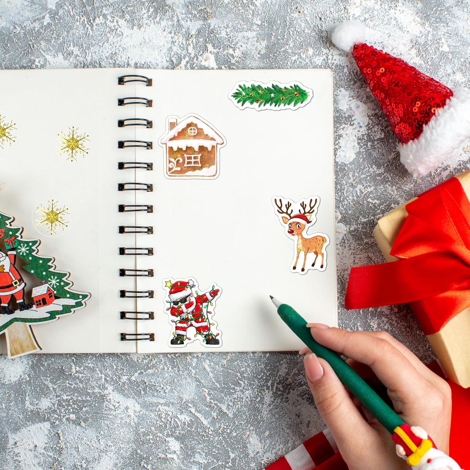 SUNFICON Organizador de maquillaje giratorio con rotación de 360 grados, 50 calcomanías brillantes de Navidad, 500 calcomanías de Navidad doradas