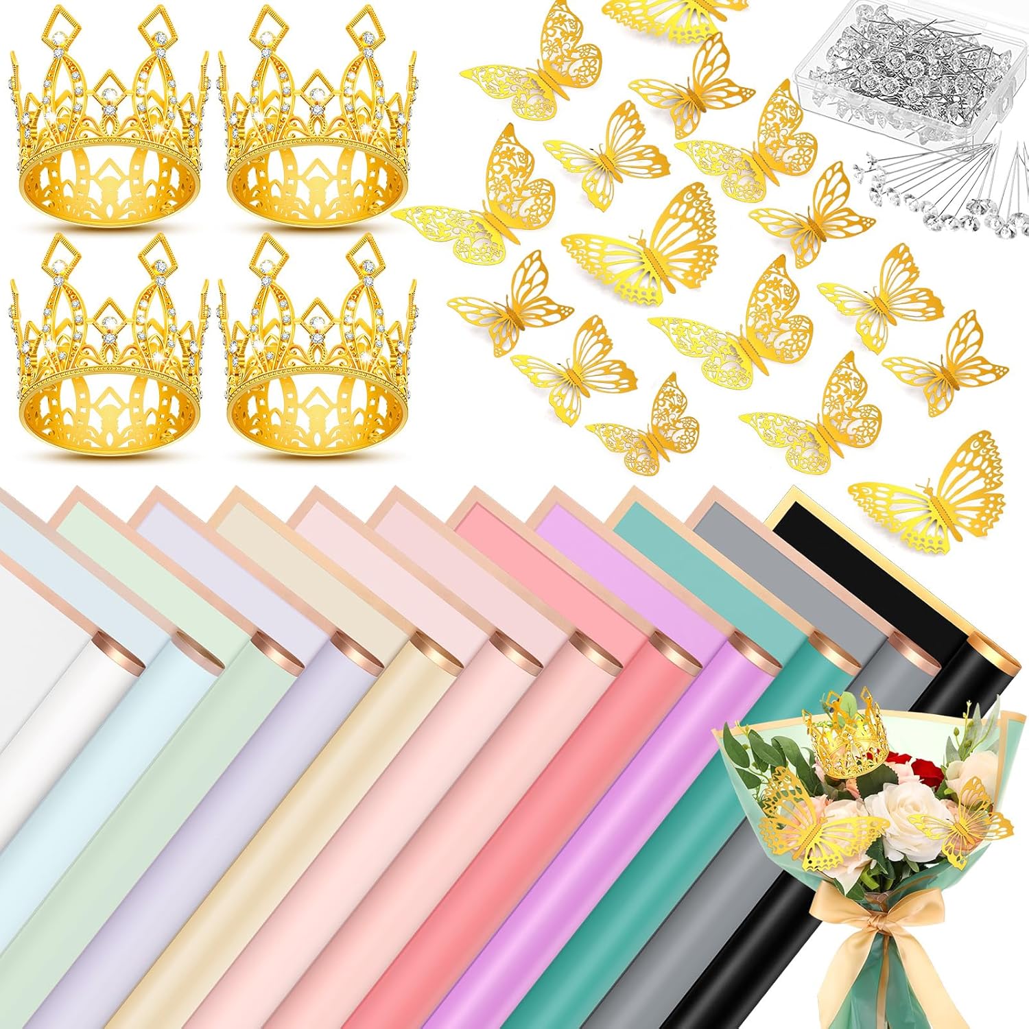 FairySandy 12 hojas de papel de regalo para ramo de flores, impermeable, con 100 pines, 4 coronas para tartas, 24 mariposas doradas para regalos de