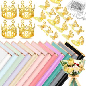 FairySandy 12 hojas de papel de regalo para ramo de flores, impermeable, con 100 pines, 4 coronas para tartas, 24 mariposas doradas para regalos de FairySandy 12 hojas de papel de regalo para ramo de flores, impermeable, con 100 pines, 4 coronas para tartas, 24 mariposas doradas para regalos de