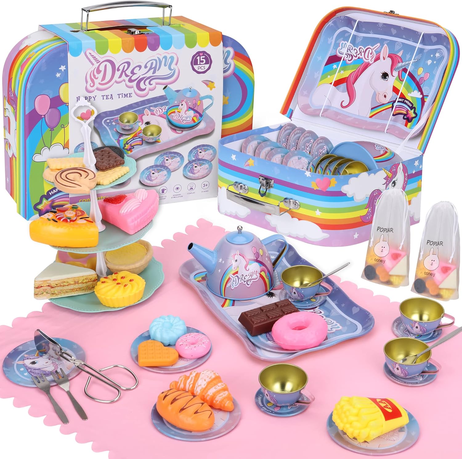 SAITI Juego de té de fiesta temática de unicornio para niñas pequeñas, juego de té de princesa, tetera de juguete de regalo para niños, suministros