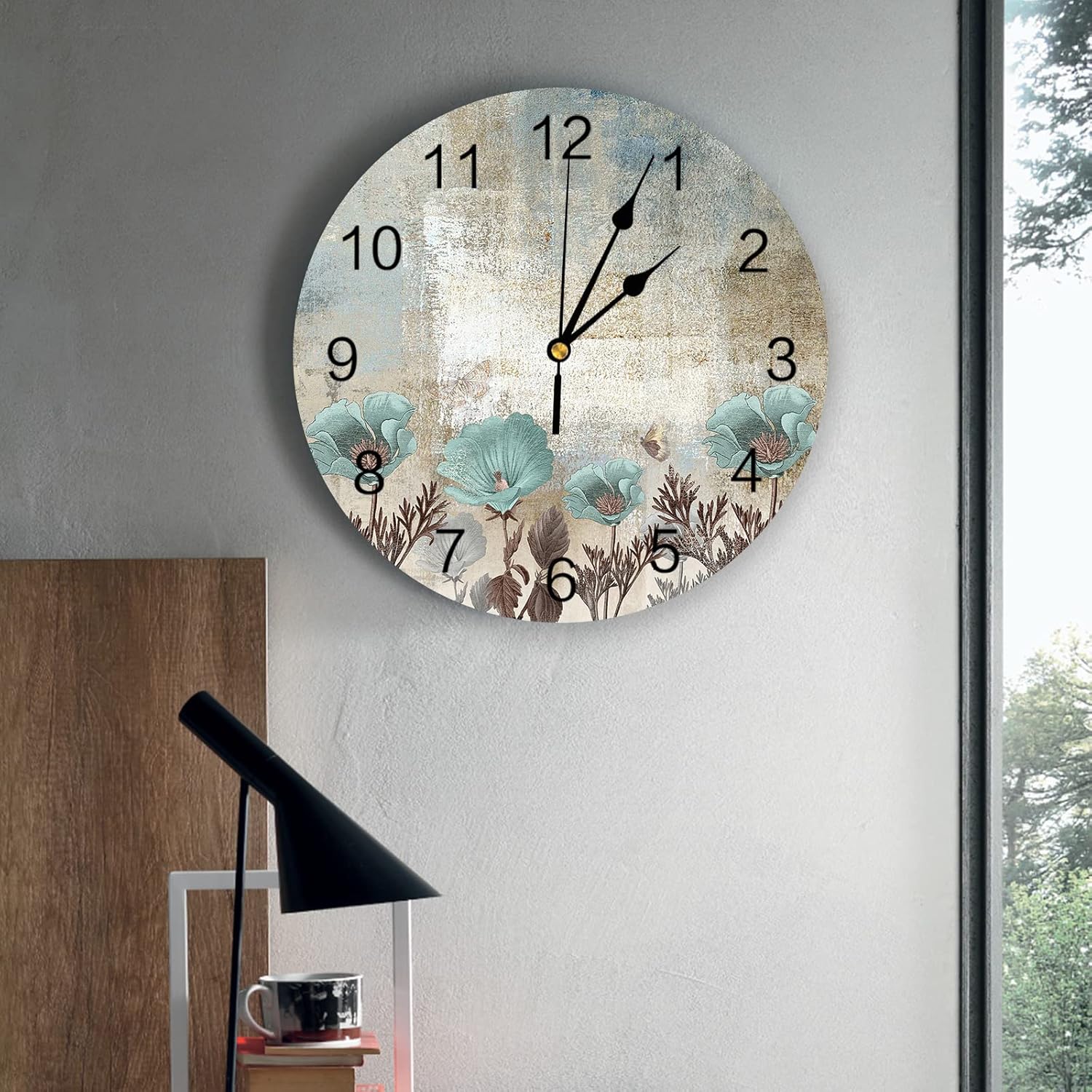 12 Inch Wall Clock Non-Ticking Silent Battery Operated Abstract Art Vintage Texture Teal Flowers Round PVC Wall Clock Decorative for