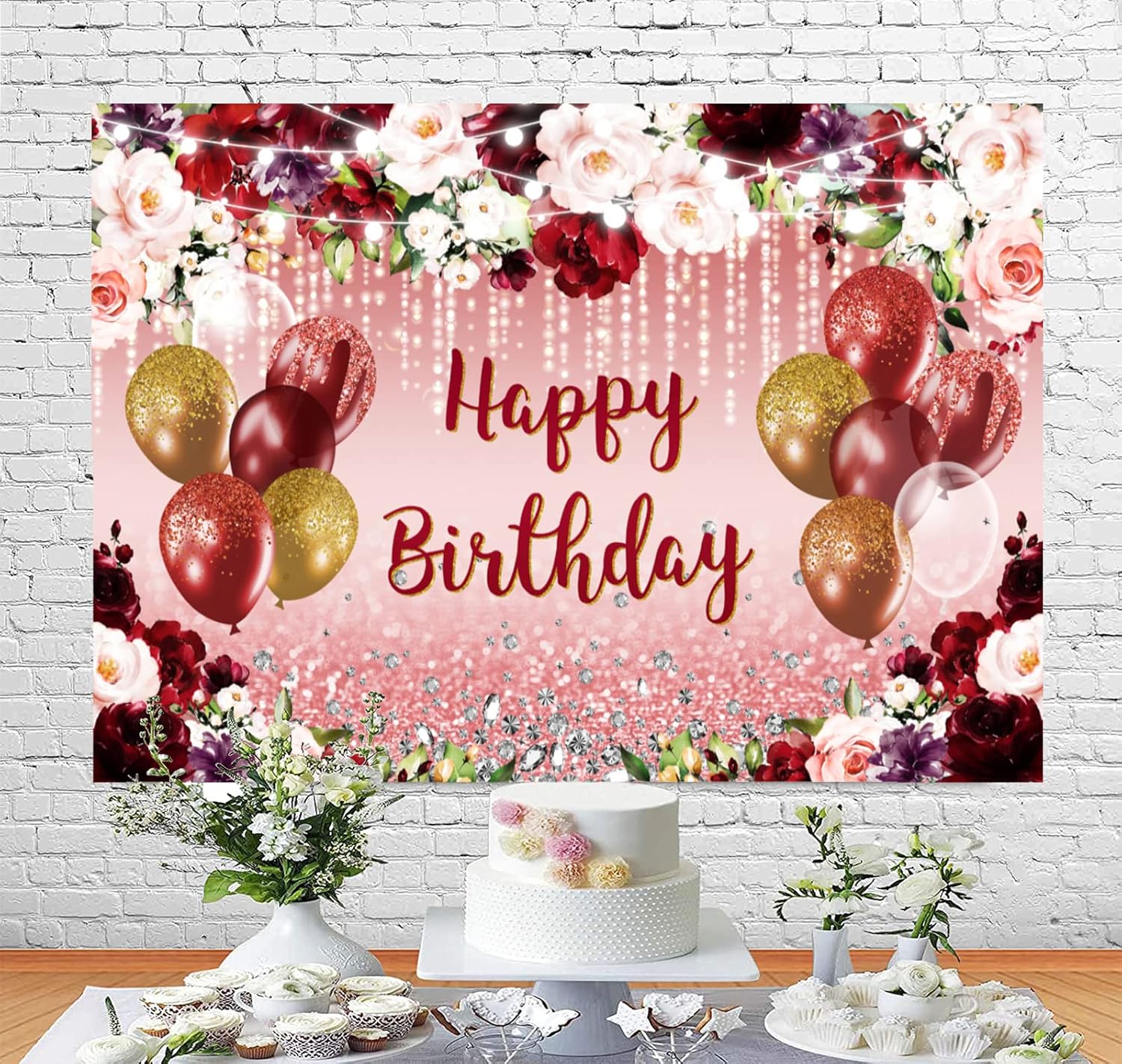InMemory Telón de fondo floral burdeos de feliz cumpleaños para mujer, globos de oro rosa con purpurina, fondo de fotografía de cumpleaños, flor