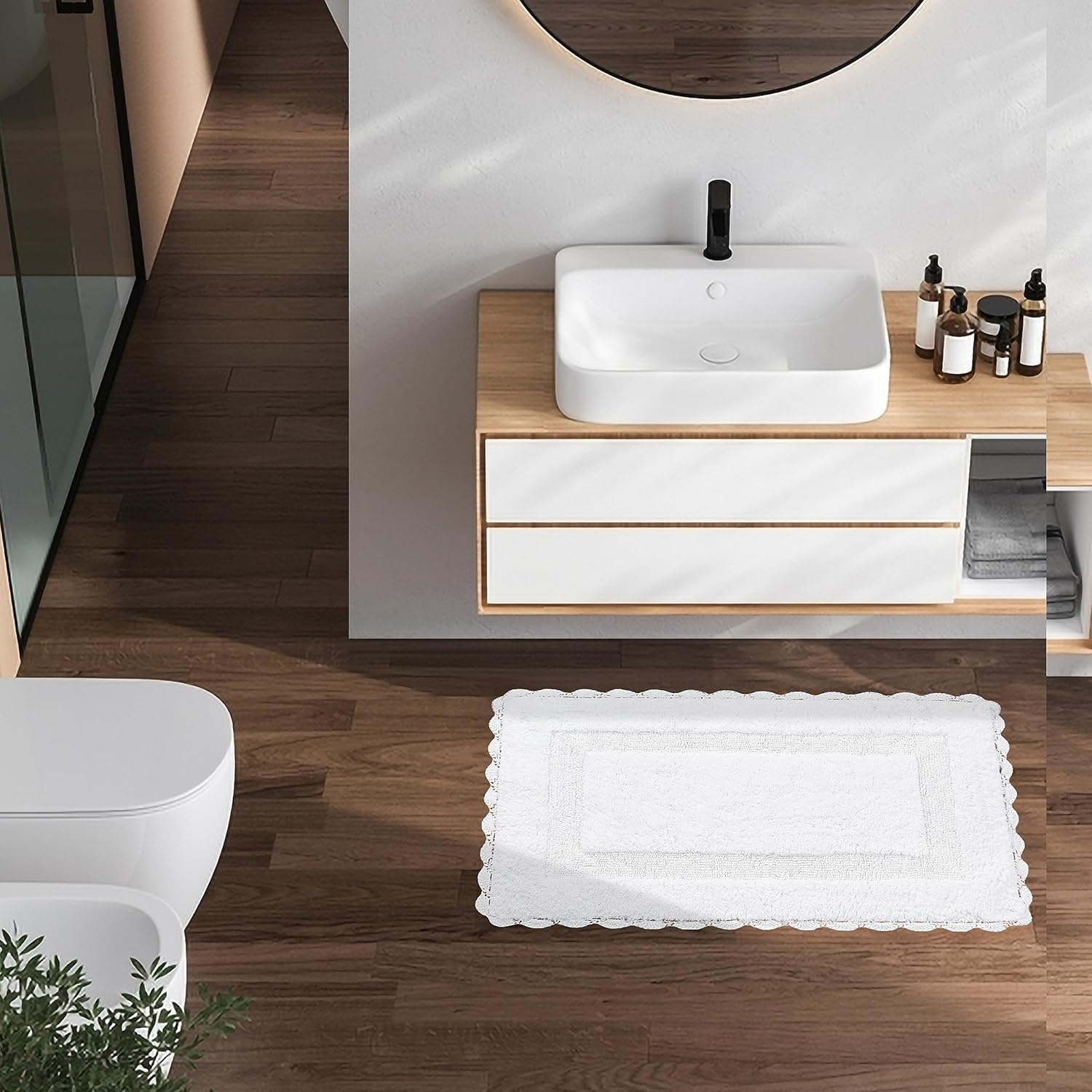 Alfombra de baño de algodón de ganchillo con antideslizante de 17 x 24 pulgadas, color blanco, 100% algodón puro, súper suave, felpa y absorbente,