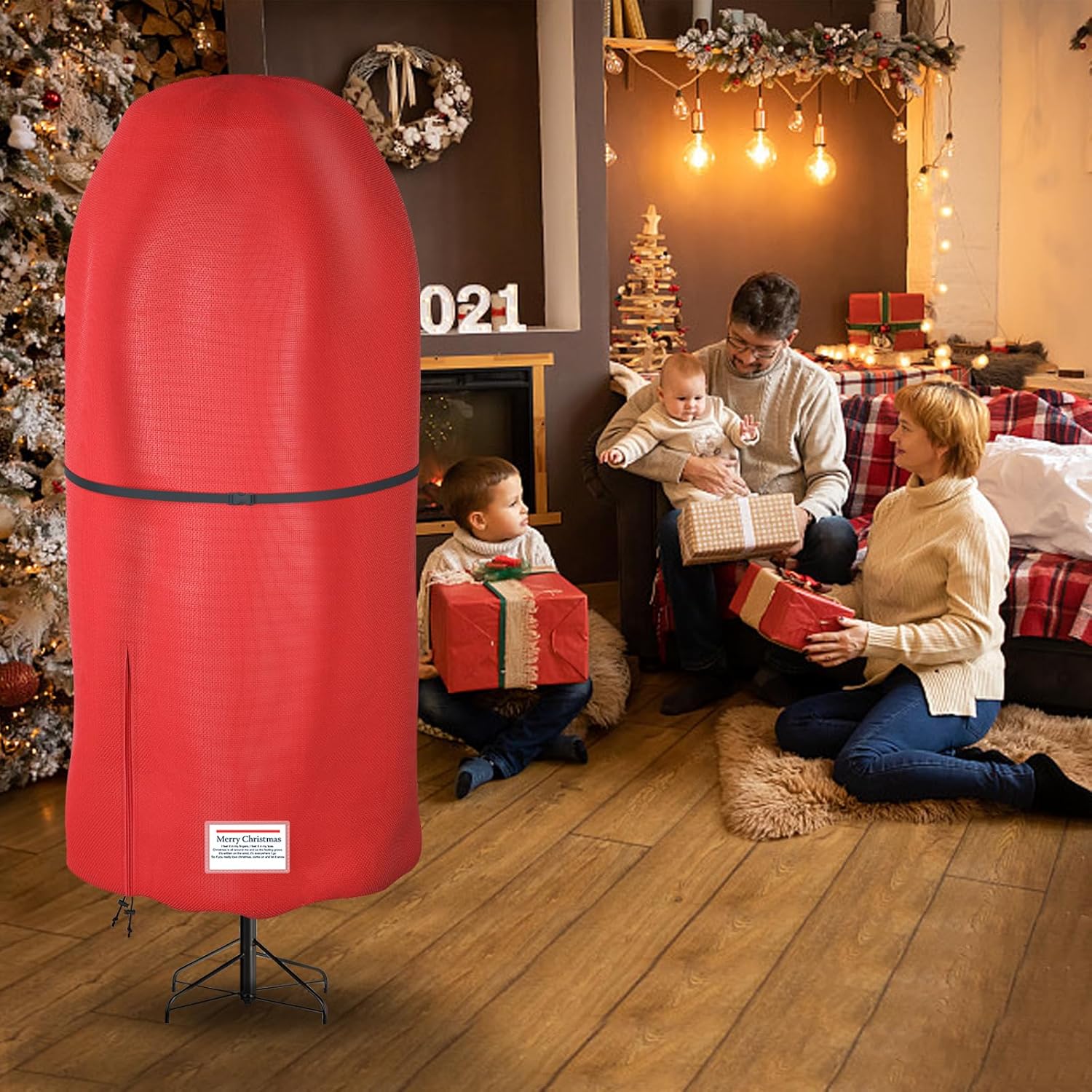 Riuog Bolsa de almacenamiento vertical para árbol de Navidad, resistente a desgarros, ajustable, para árboles montados de 7.5 pies (rojo)
