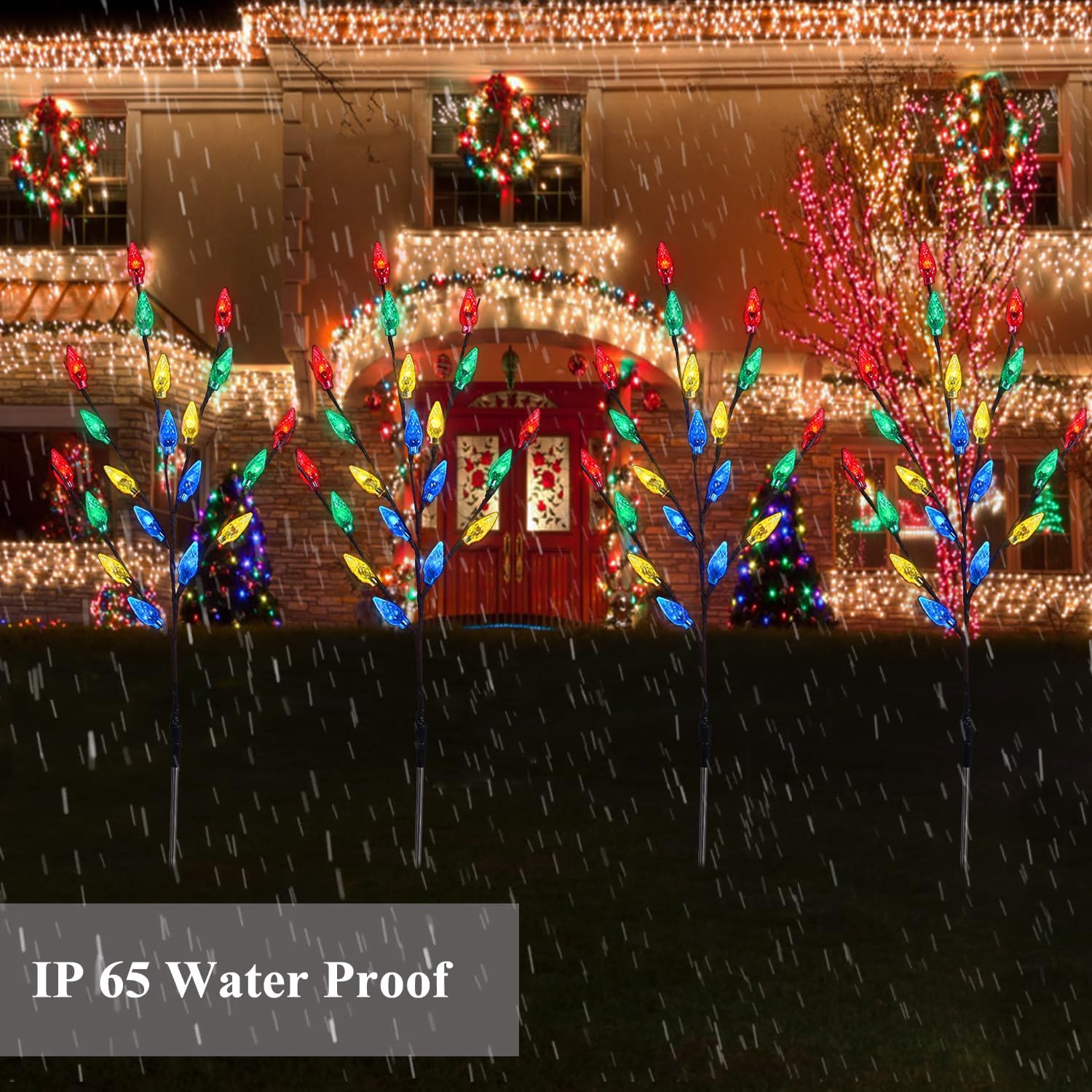 Decoraciones de Navidad para exteriores, 4 juegos de luces solares para árbol de Navidad con 80 luces C6 multicolor, adecuadas para árbol de Navidad