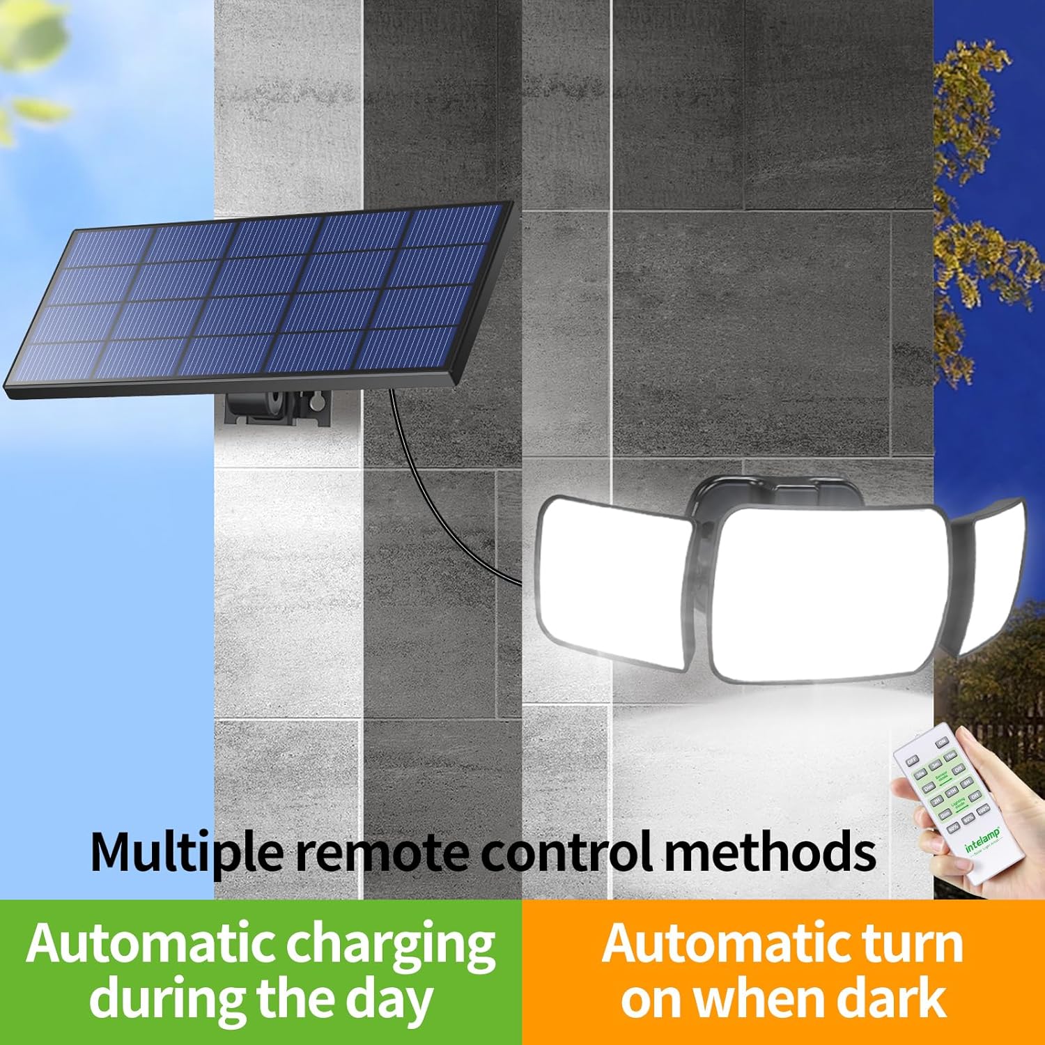 intelamp Luces solares impermeables para exteriores con control remoto, 6000mAh 1200LM luz solar con sensor de movimiento para exteriores, luces