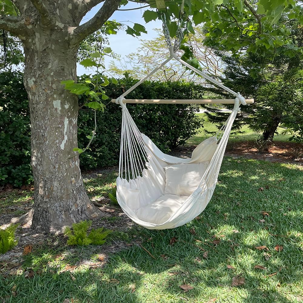 Silla de hamaca colgante con cuerda, silla colgante de lona gruesa que incluye 2 cojines de asiento, máximo 500 libras, hamaca columpio con barra de
