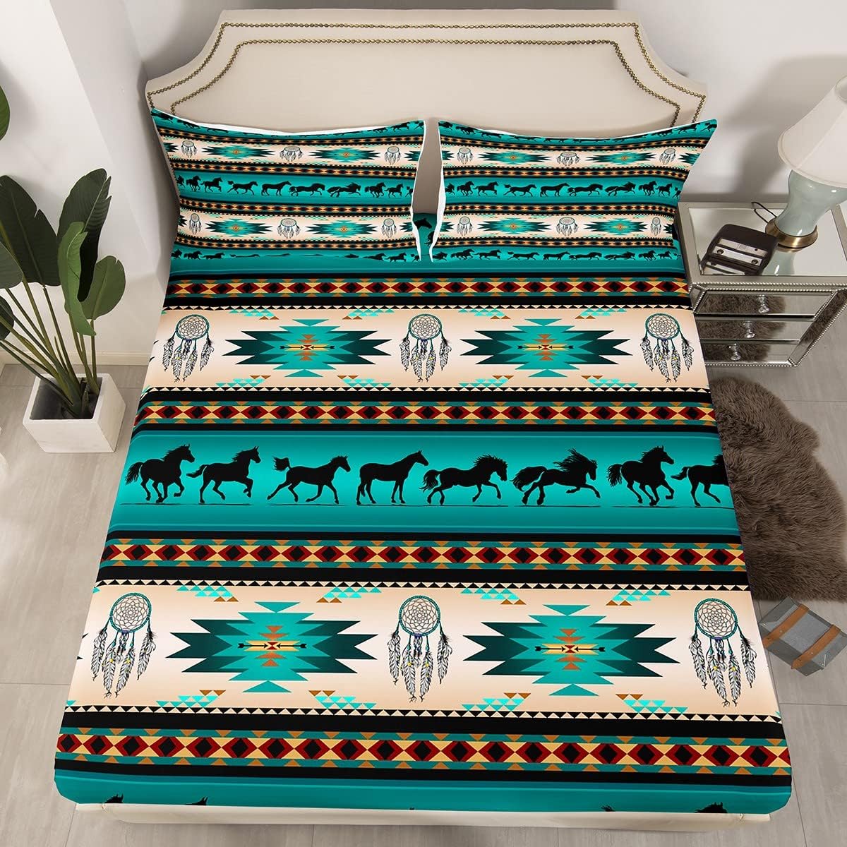 Juego de sábanas para cama de caballos, atrapasueños para niños, adolescentes, hombres, hombres, sábana bajera con estampado de caballos tribales