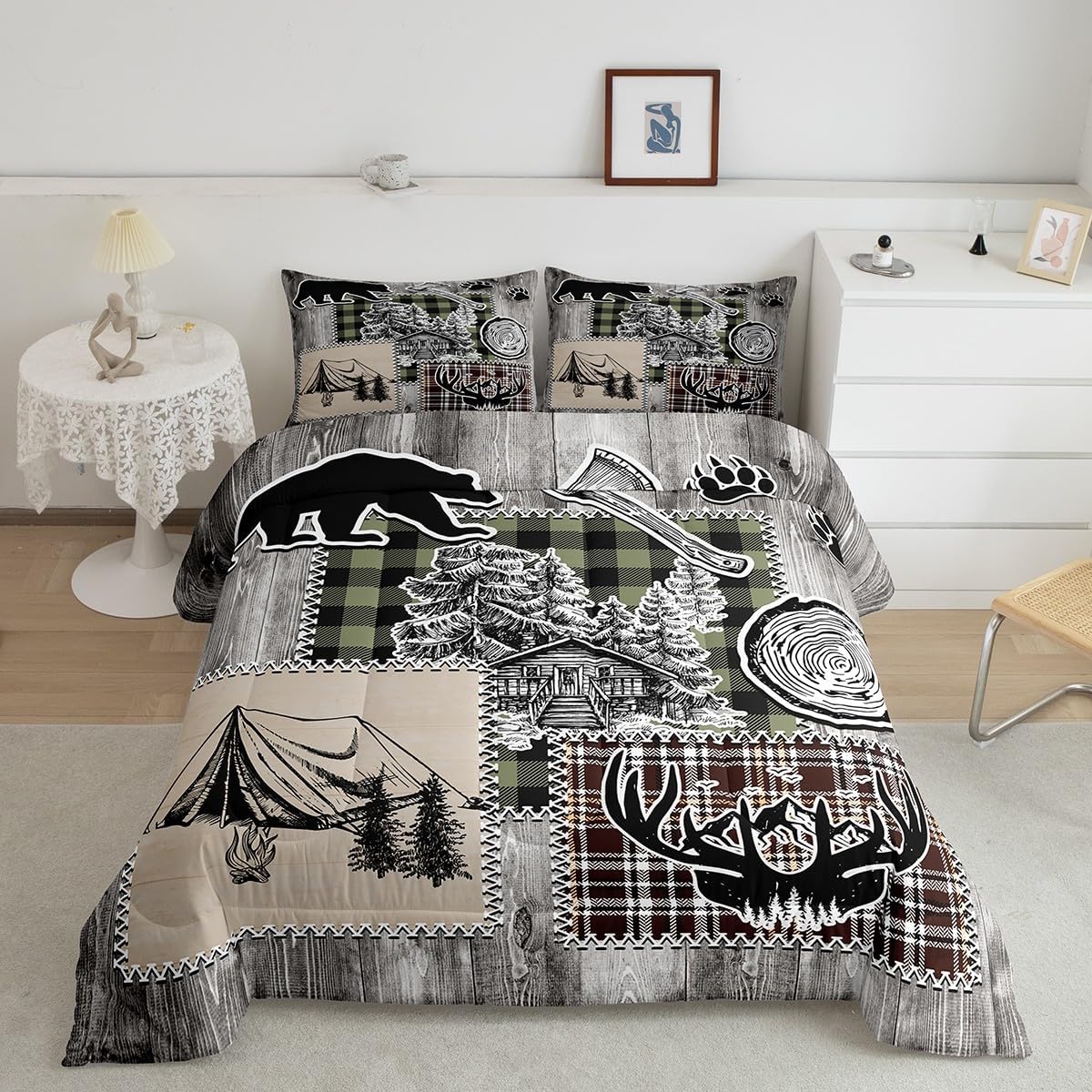 Castle Fairy Juego de edredón de ciervos y cuernos, tamaño individual, juego de ropa de cama con estampado de patas de oso y pinos para niños y