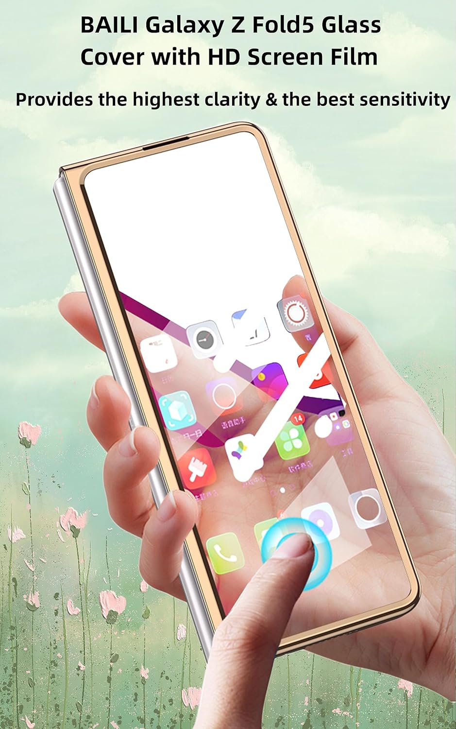 BAILI Funda para Galaxy Z Fold5, funda de vidrio Z Fold 5, funda protectora de vidrio templado ultrafina 9H Fold5, cubierta trasera de pintura de
