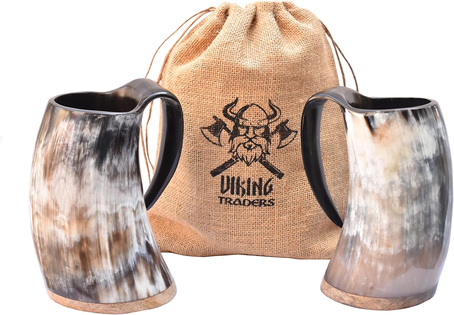 Taza original de cuerno vikingo con saco de arpillera, base de madera de 20 onzas, extra grande, inspirada en la Edad Media, hecha a mano, pulida,