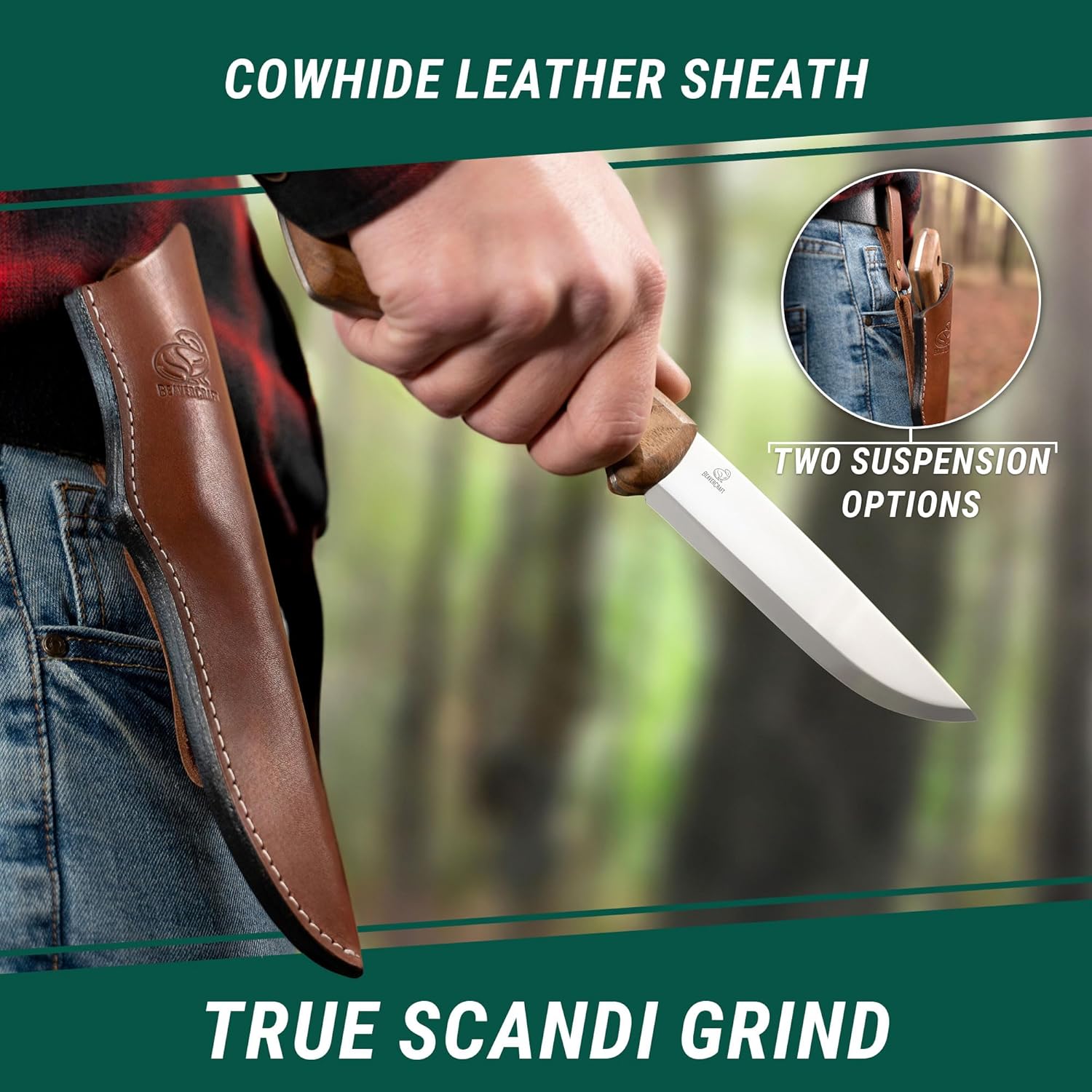BeaverCraft Bushcraft Cuchillo de hoja fija con funda de cuero, cuchillo de camping, cuchillo de espiga completa, cuchillos de acero al carbono,