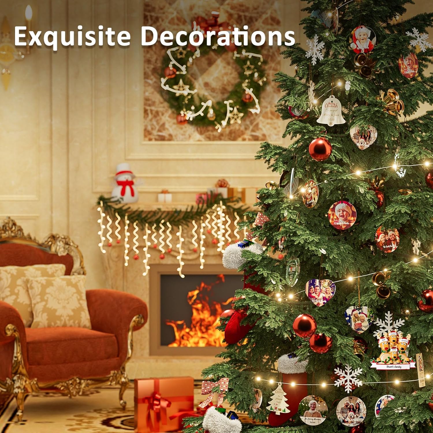 Adornos de Navidad personalizados de ciervo, familia de 2, 3, 4, 5, 6, 7, 8  Adorno de Navidad personalizable con nombre de reno, texto para árbol