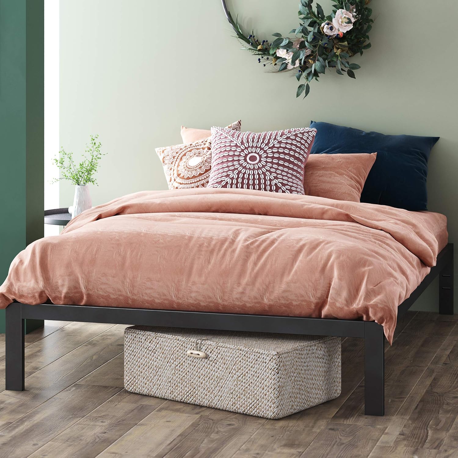 ZINUS Mia – Base de cama de plataforma de metal  Soporte de listones de madera  No necesita somier  Fácil de montar  Color negro, tamaño King
