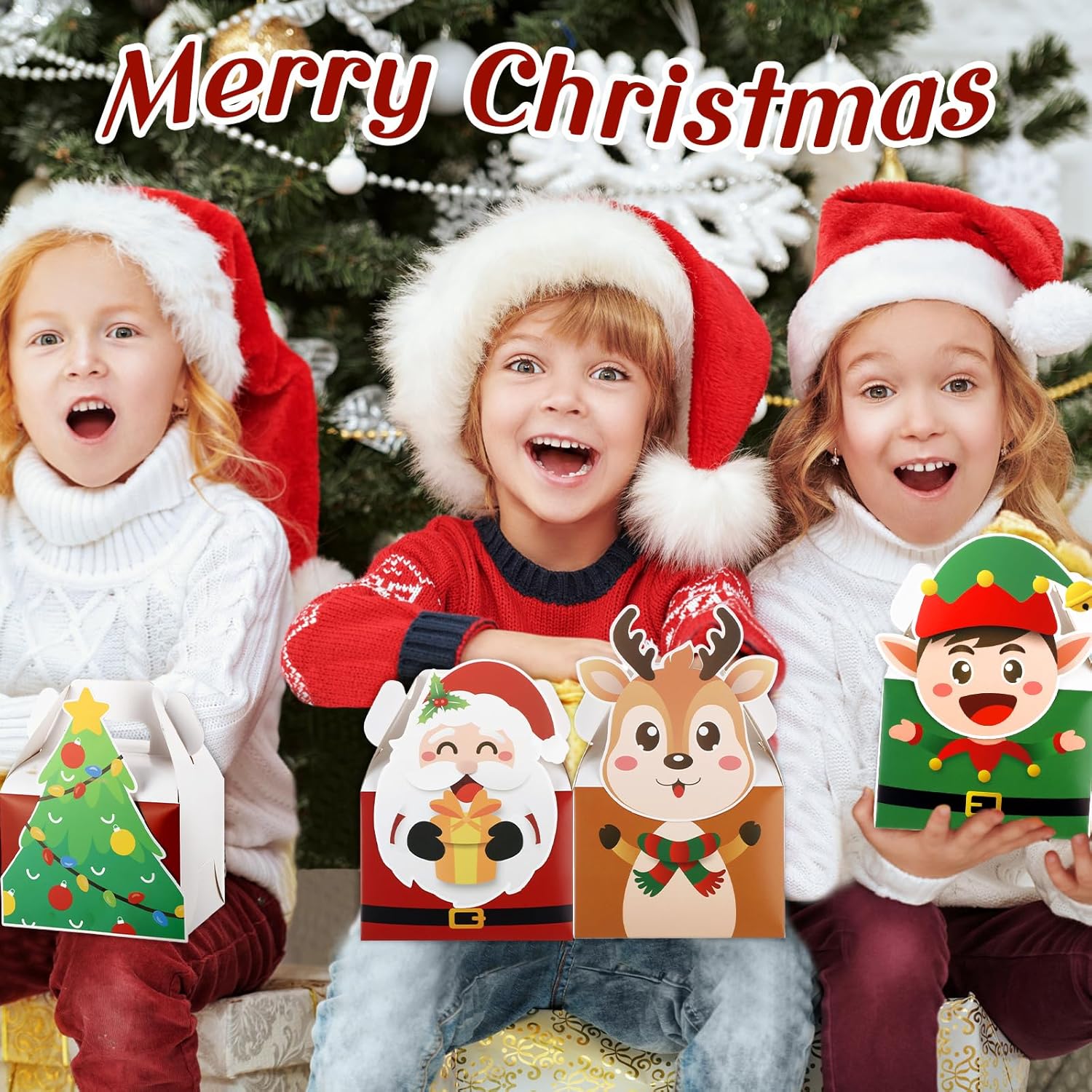 Cholemy 24 cajas de regalo de Navidad 3D de cartón a dos aguas plegables de Navidad con asas, Papá Noel, muñeco de nieve, reno, elfo, alce,