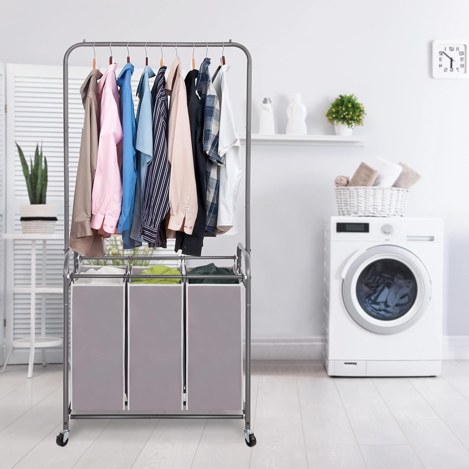 STORAGE MANIAC Clasificador de ropa sucia con barra para colgar, carrito de lavandería con ruedas enrollables resistentes y bolsas extraíbles,