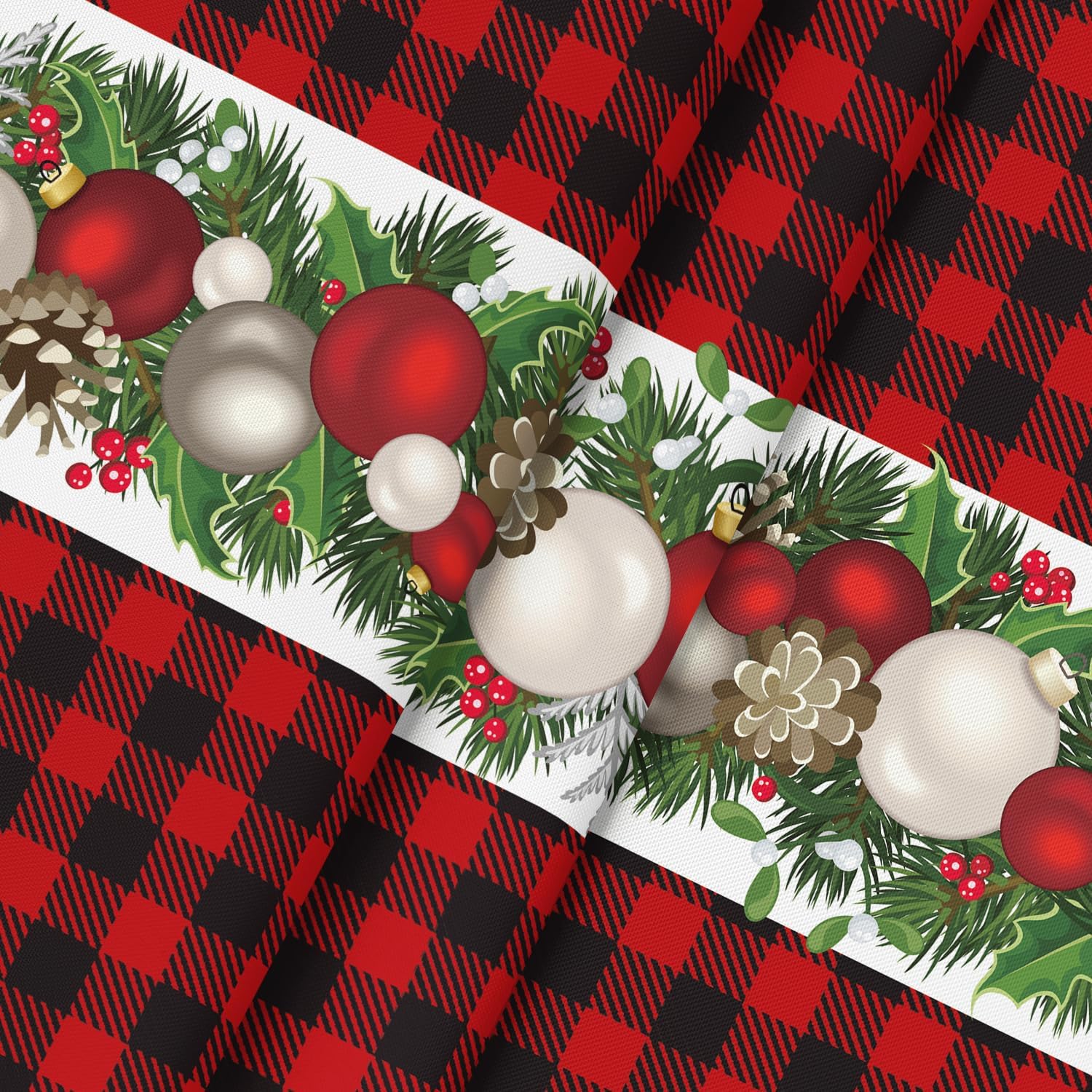 Horaldaily Mantel redondo de Navidad de 70 x 70 pulgadas, adornos de bolas de Navidad, búfalo rojo, a cuadros, lavable, para fiesta, picnic,