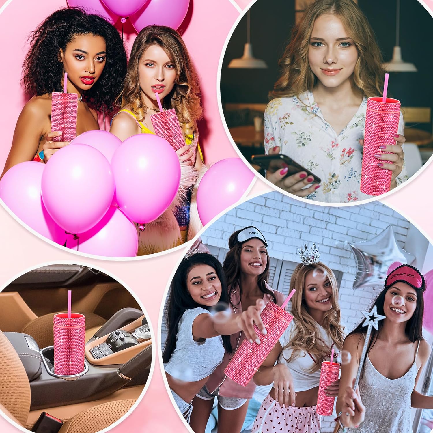6 vasos brillantes a granel de 16 onzas con diamantes de imitación, reutilizables, vasos de plástico con diamantes de imitación para mujeres, niñas,