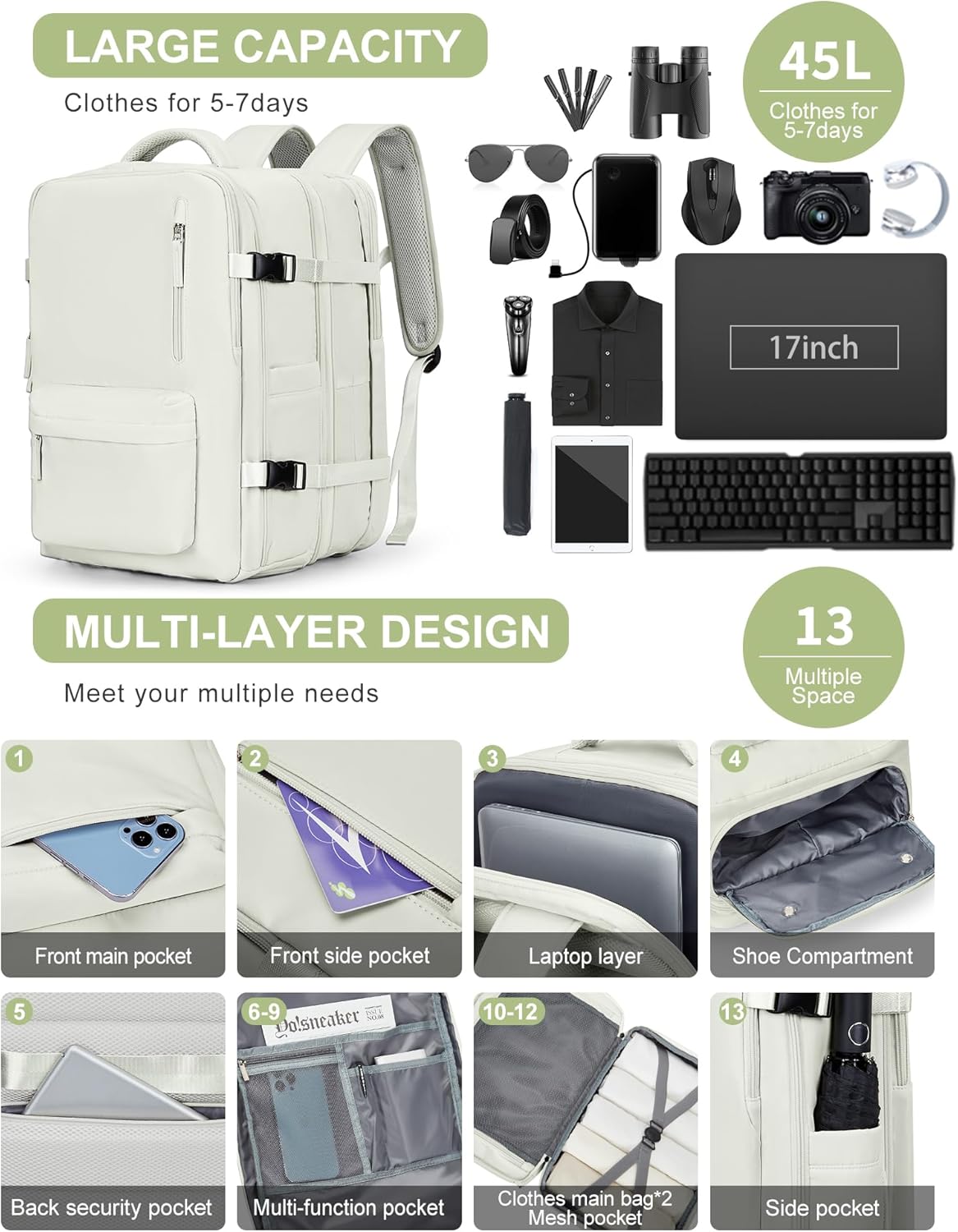 Large Travel Laptop Backpack, Expandable Flight Approved Backpack, Carry on Backpack for Women, Waterproof 17inch Laptop Hiking Backpack with Shoe